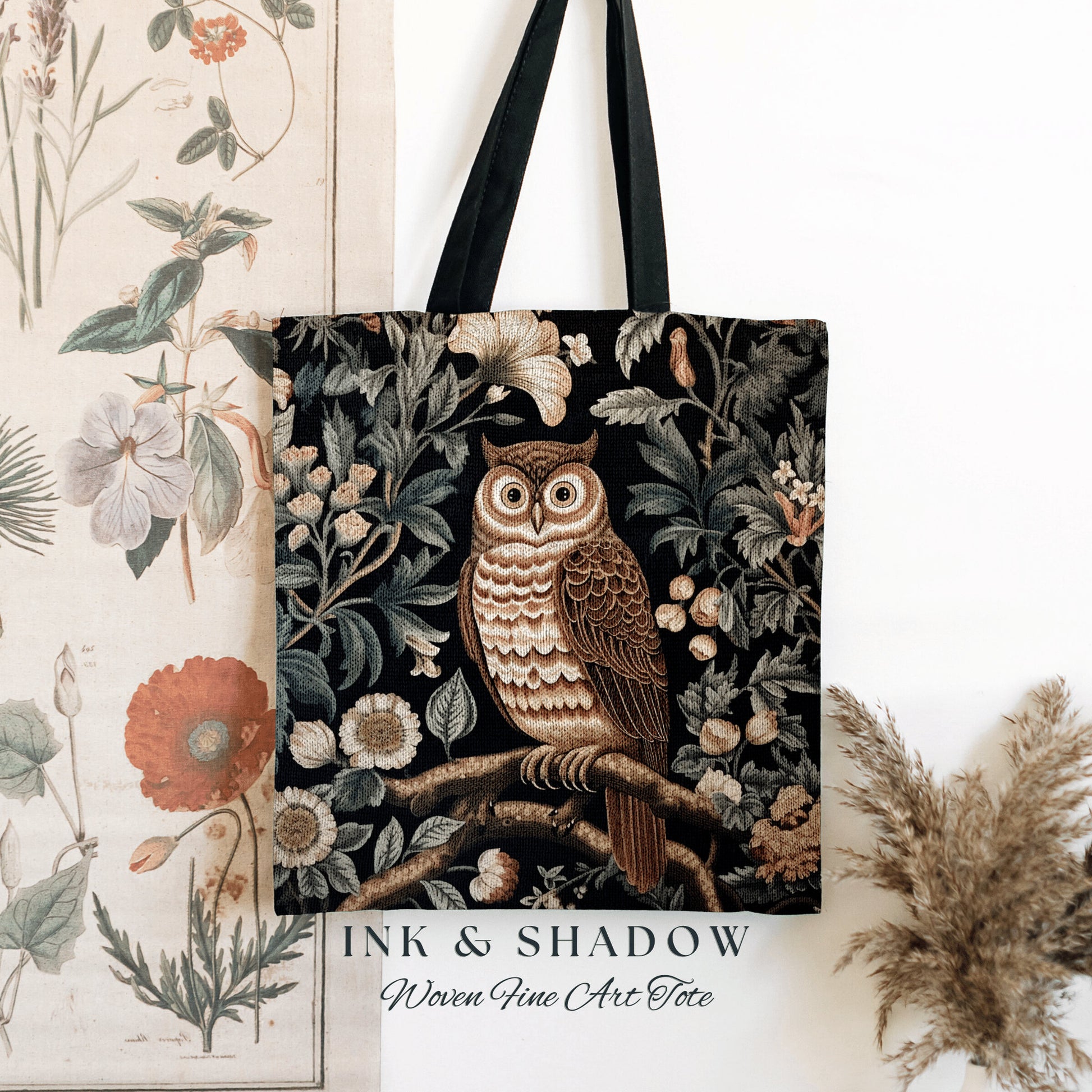 Woven Owl Tapestry Bag | William Morris Inspired Tote Bag Aesthetic Botanical Tapestry Tote Woven Victorian Fairy Core Owl Tote Whimsical |