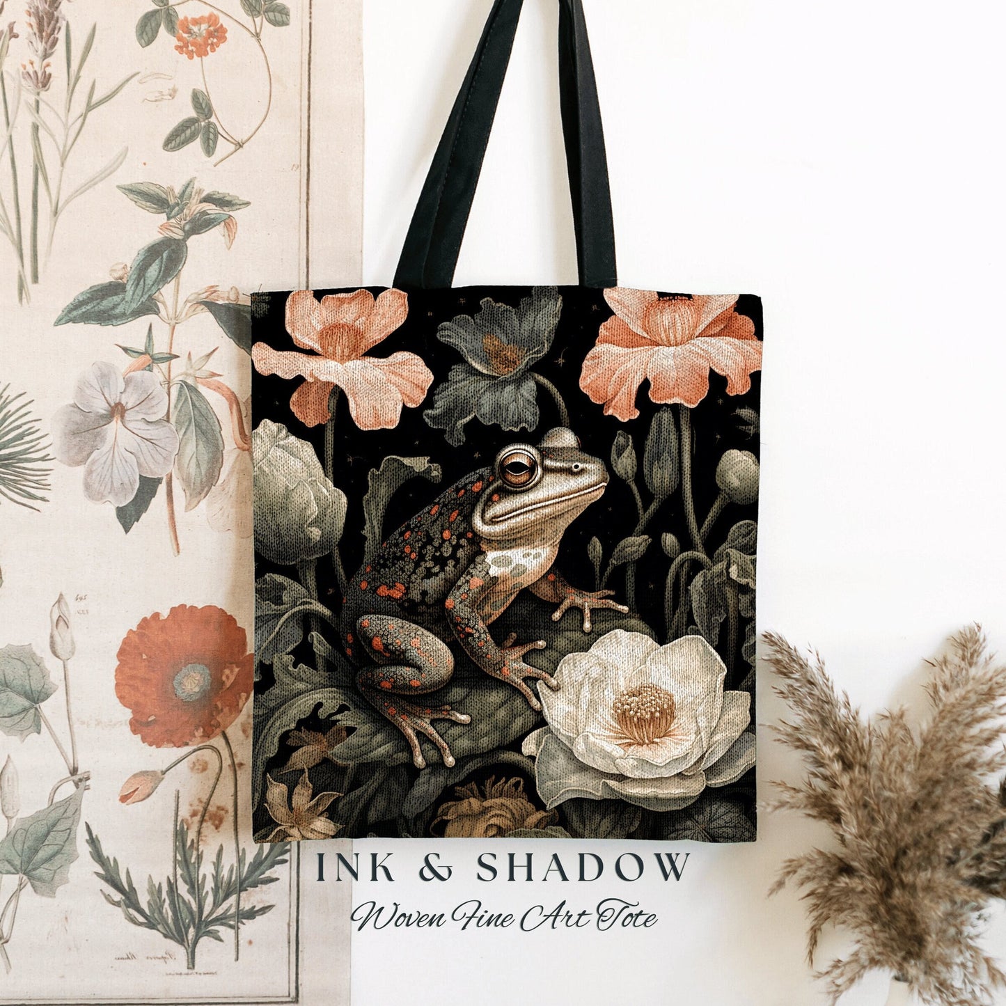 Pastel Floral Frog Bag Woven | Fairy Core Bag William Morris Inspired Tote Bag Aesthetic Mystical Tapestry Bag Woven Victorian Gothic Tote |