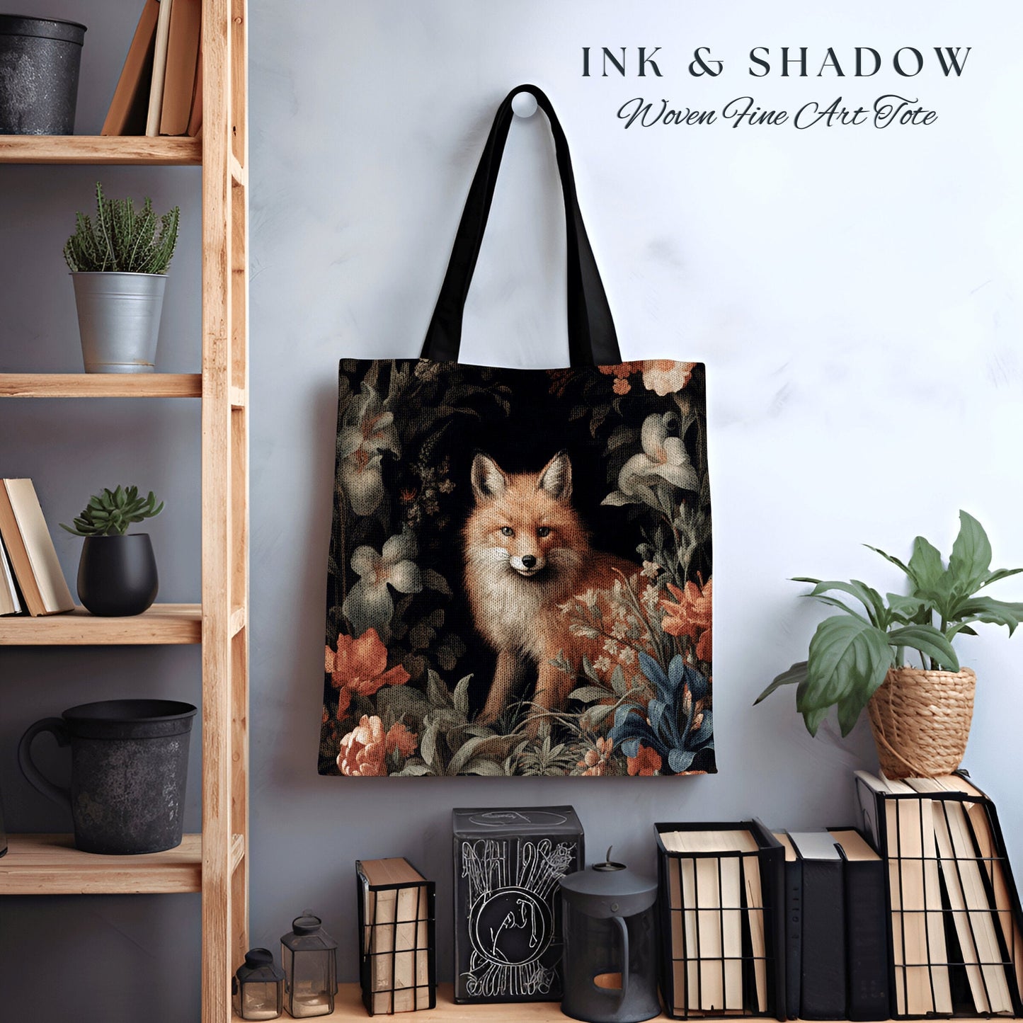 Floral Aesthetic Victorian Fox Tote | Dark Academia William Morris Inspired Tote Bag Aesthetic Medieval Woven Tapestry Bag Botanical Fox Art