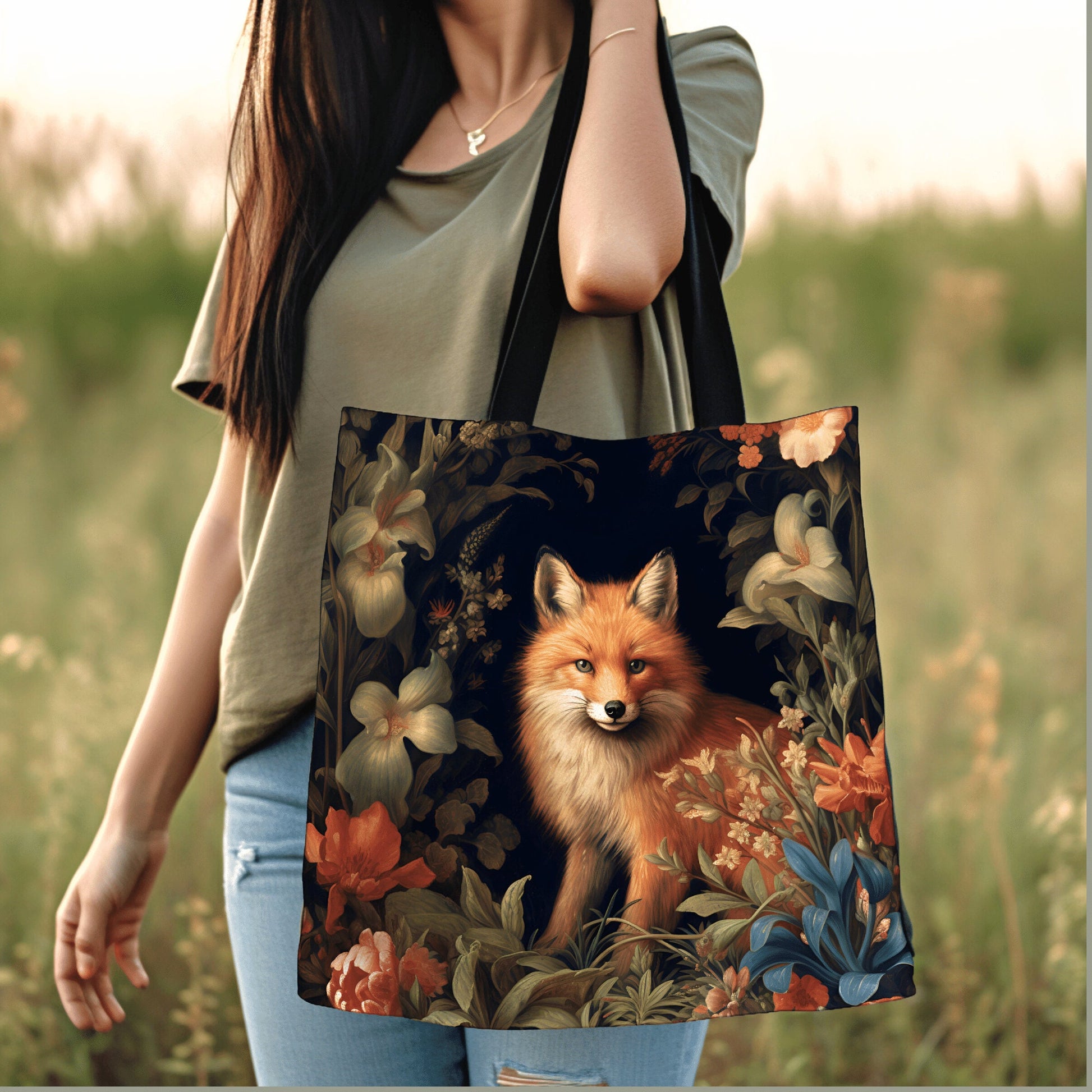 Floral Aesthetic Victorian Fox Tote | Dark Academia William Morris Inspired Tote Bag Aesthetic Medieval Woven Tapestry Bag Botanical Fox Art