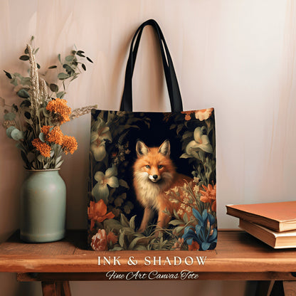 Floral Aesthetic Victorian Fox Tote | Dark Academia William Morris Inspired Tote Bag Aesthetic Medieval Woven Tapestry Bag Botanical Fox Art