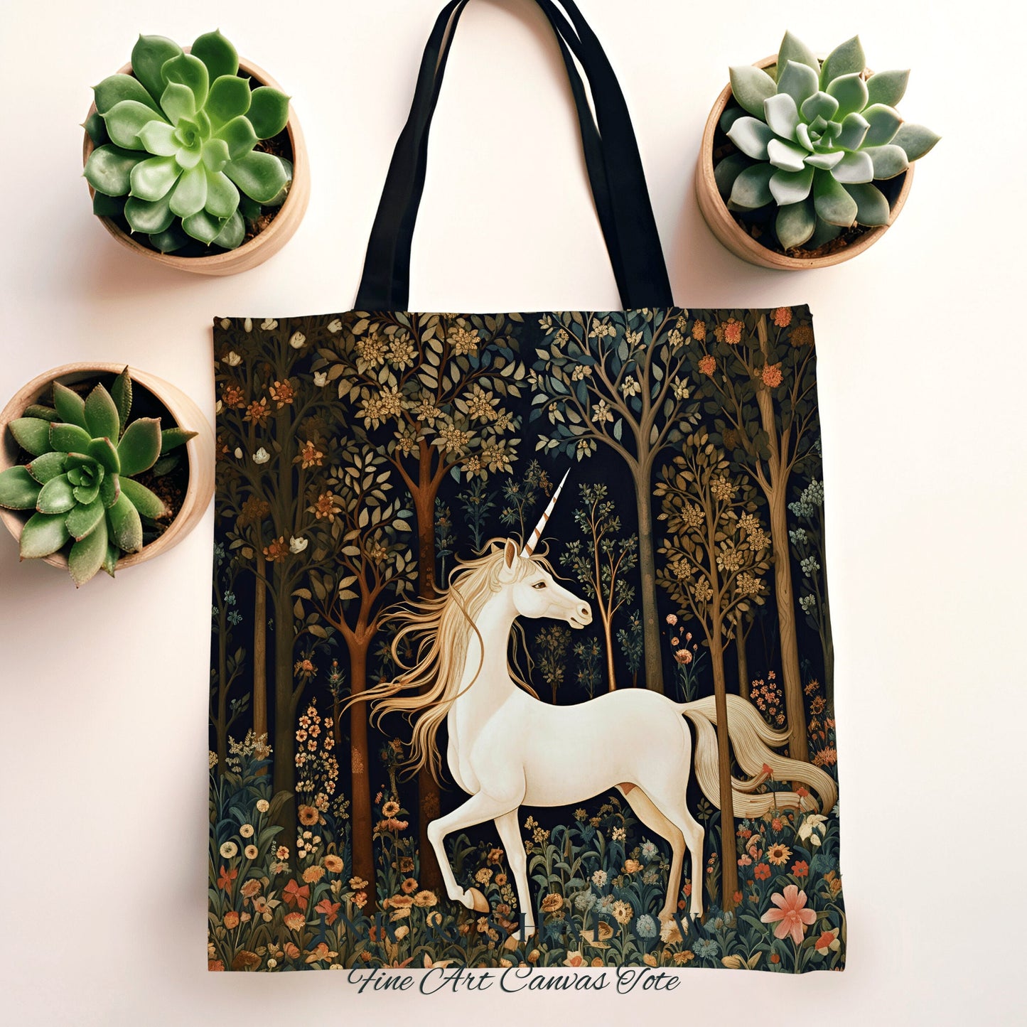 Folklore Unicorn Woven Tote Bag | Fairy Core Tote Bag William Morris Inspired Tote Bag Aesthetic Mystical Tapestry Bag Woven Victorian Style