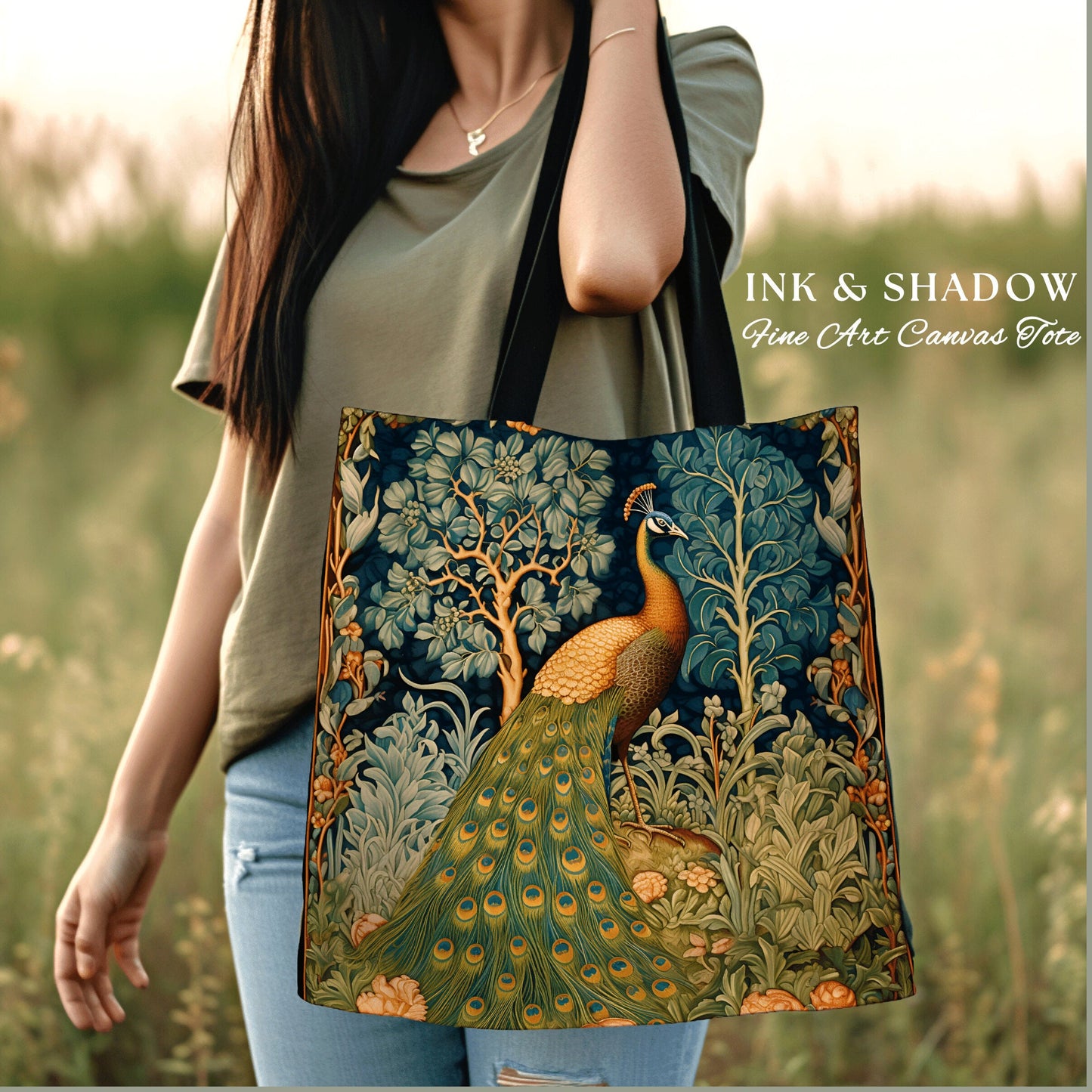 Medieval Peacock Whimsical Tote | William Morris Inspired Tote Bag Forestcore Satchel Maximalist Tapestry Tote Botanical Fairy Grunge Tote |