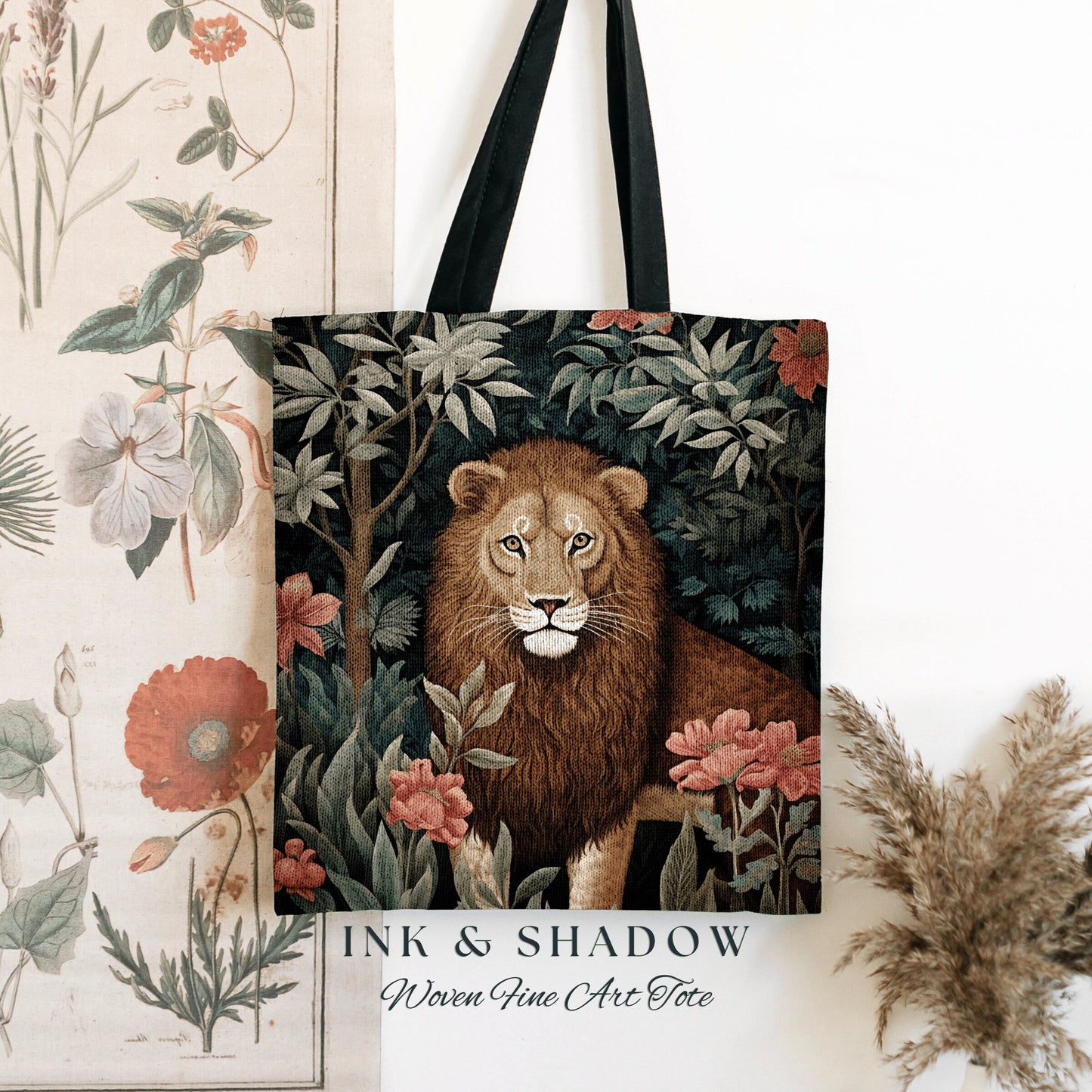 Floral Jungle Animal Tote | Lion Bag William Morris Inspired Tote Bag Aesthetic Mystical Tapestry Tote Woven Victorian Fairycore Botanical |