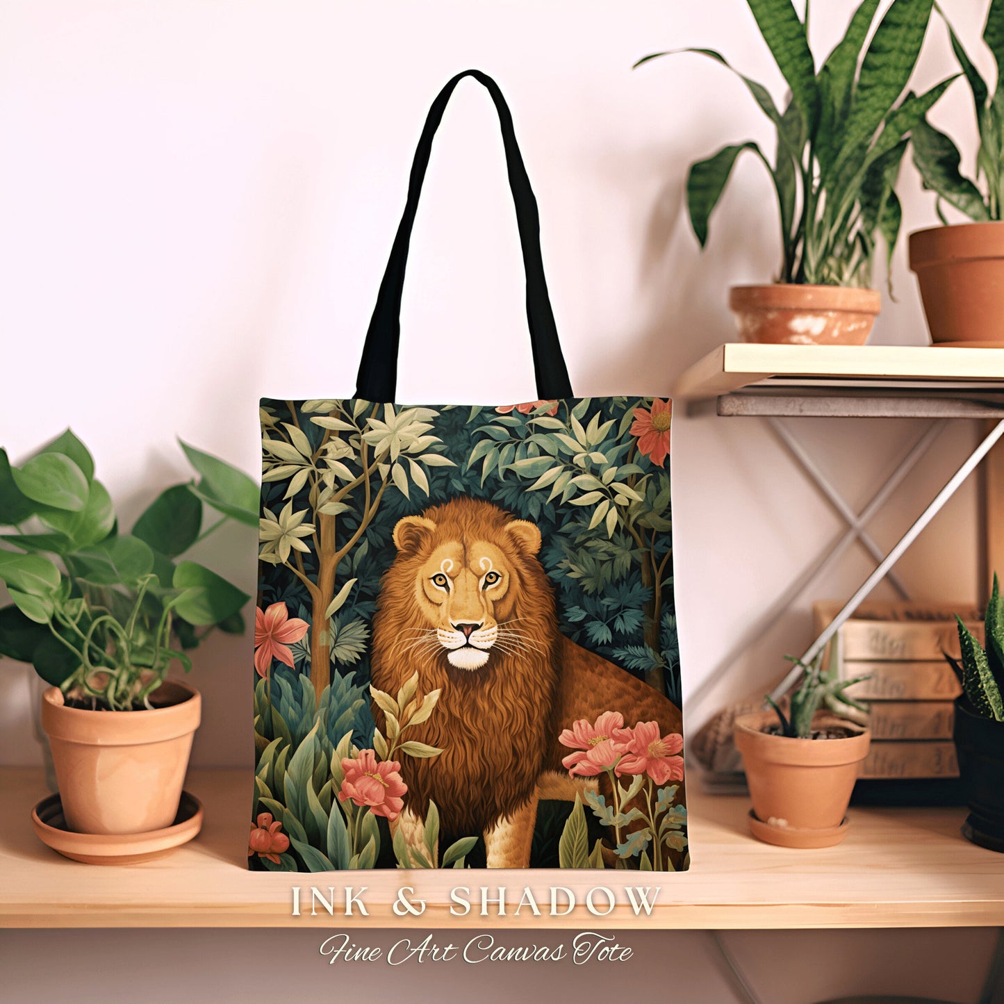 Floral Jungle Animal Tote | Lion Bag William Morris Inspired Tote Bag Aesthetic Mystical Tapestry Tote Woven Victorian Fairycore Botanical |