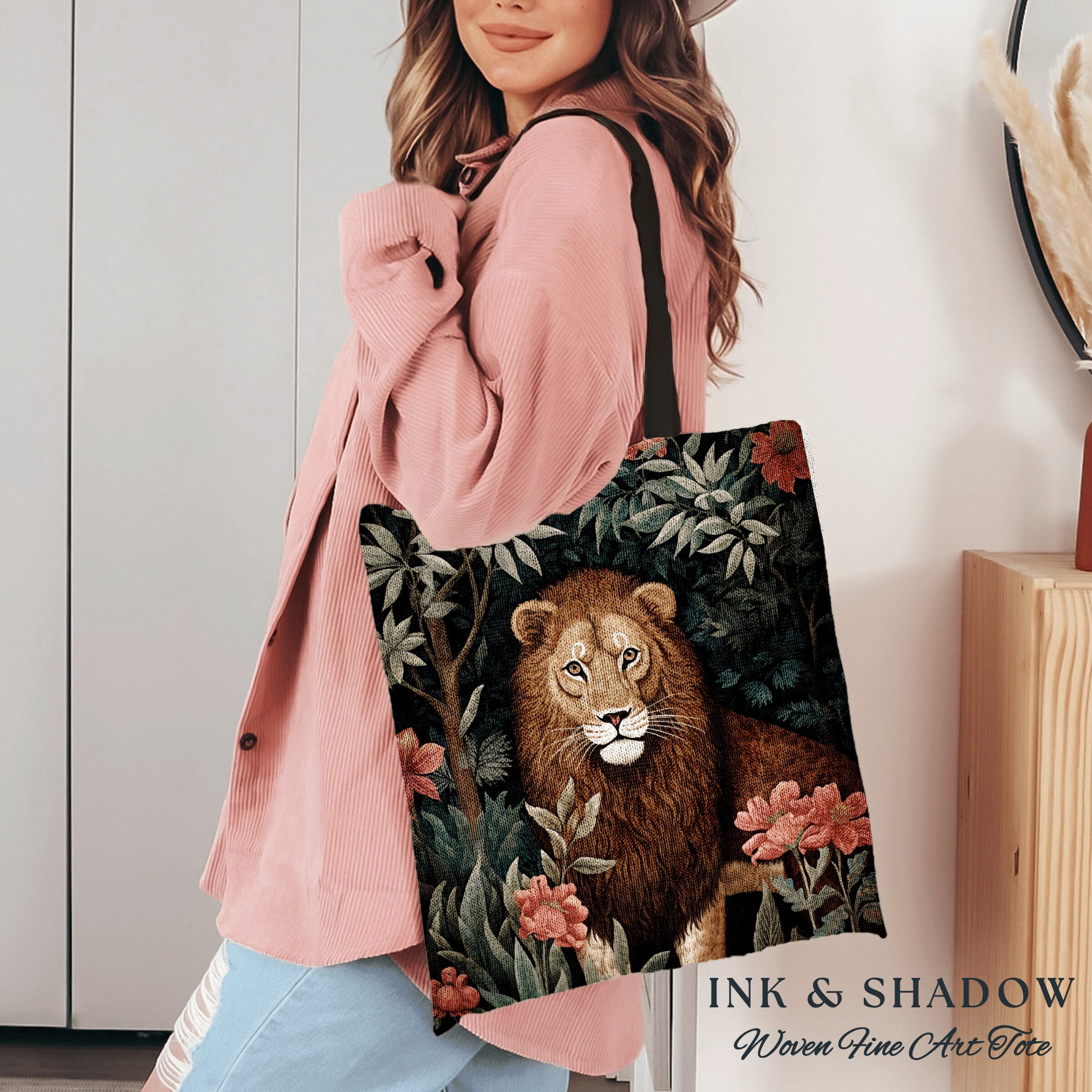 Floral Jungle Animal Tote | Lion Bag William Morris Inspired Tote Bag Aesthetic Mystical Tapestry Tote Woven Victorian Fairycore Botanical |