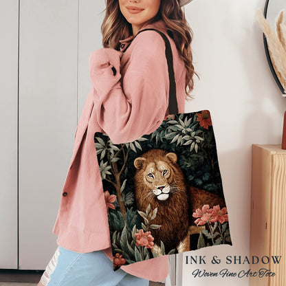 Floral Jungle Animal Tote | Lion Bag William Morris Inspired Tote Bag Aesthetic Mystical Tapestry Tote Woven Victorian Fairycore Botanical |