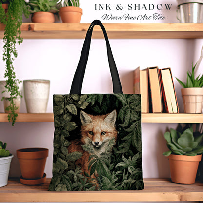 Fox Tote Dark Botanical | Dark Academia William Morris Inspired Tote Bag Aesthetic Medieval Tapestry Bag Woven Victorian Fairycore Fox Tote