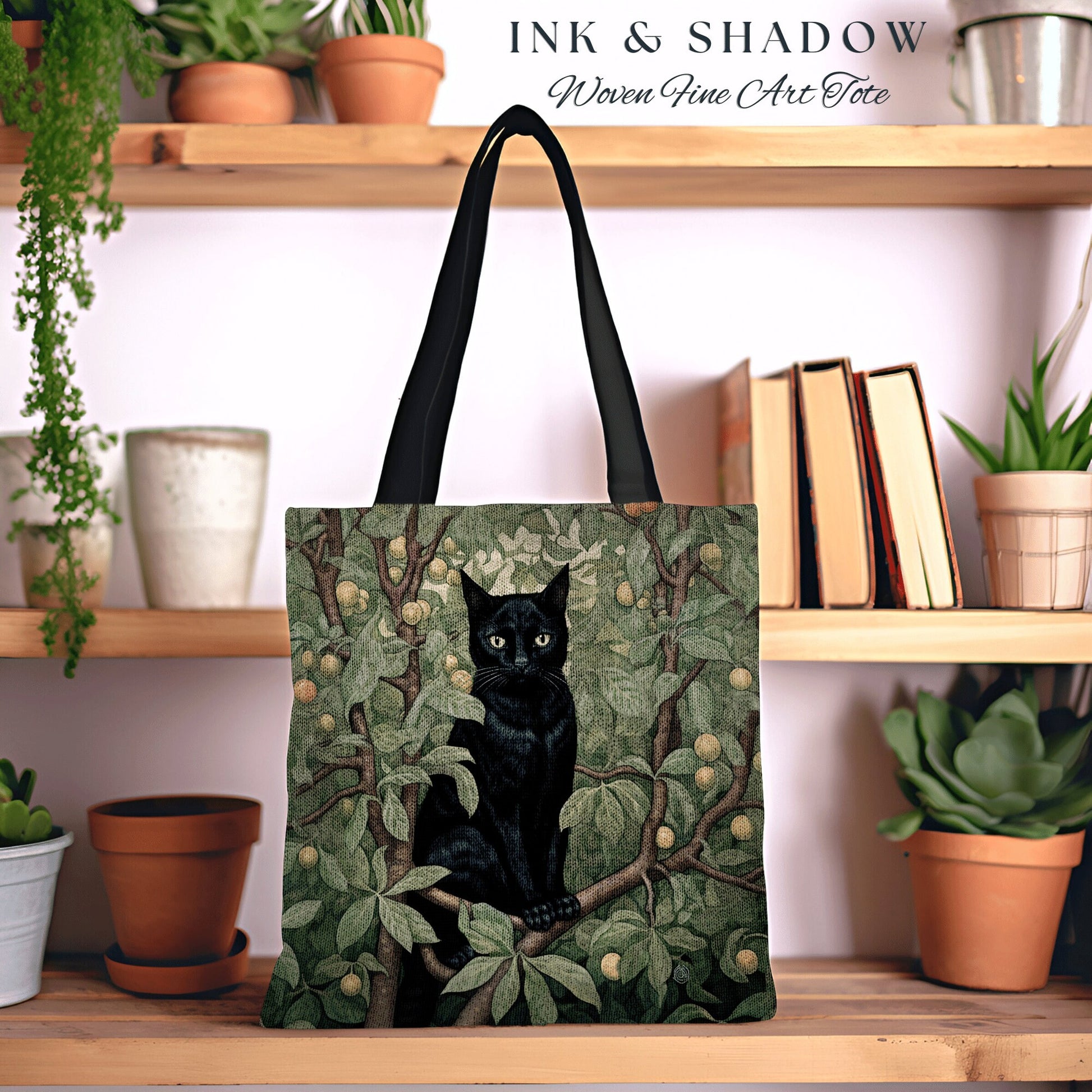 Gothic Everyday Bag Back Cat | Dark Academia William Morris Inspired Tote Bag Dark Academia Cat Lover Tapestry Bag Woven Victorian Cat Tote