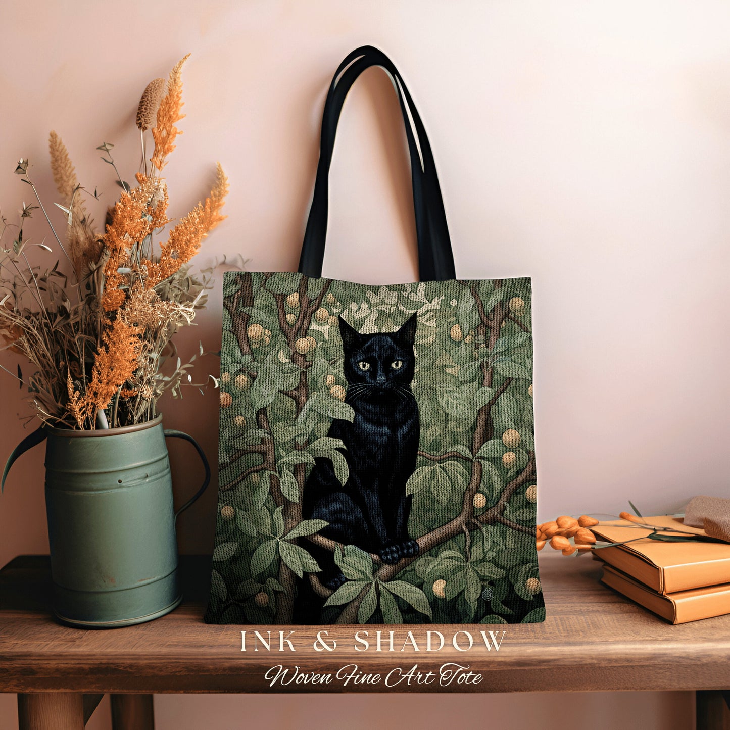 Gothic Everyday Bag Back Cat | Dark Academia William Morris Inspired Tote Bag Dark Academia Cat Lover Tapestry Bag Woven Victorian Cat Tote