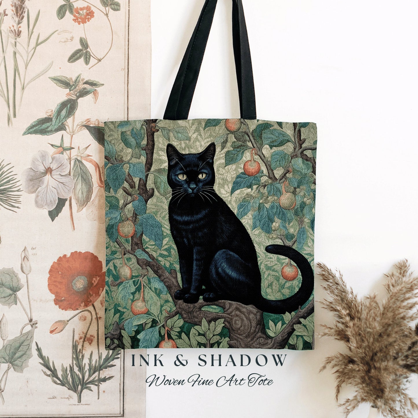 Black Cat Gothic Handbag Botanical | Dark Academia William Morris Inspired Tote Bag Aesthetic Cat Lover Tapestry Bag Woven Victorian Cat Bag