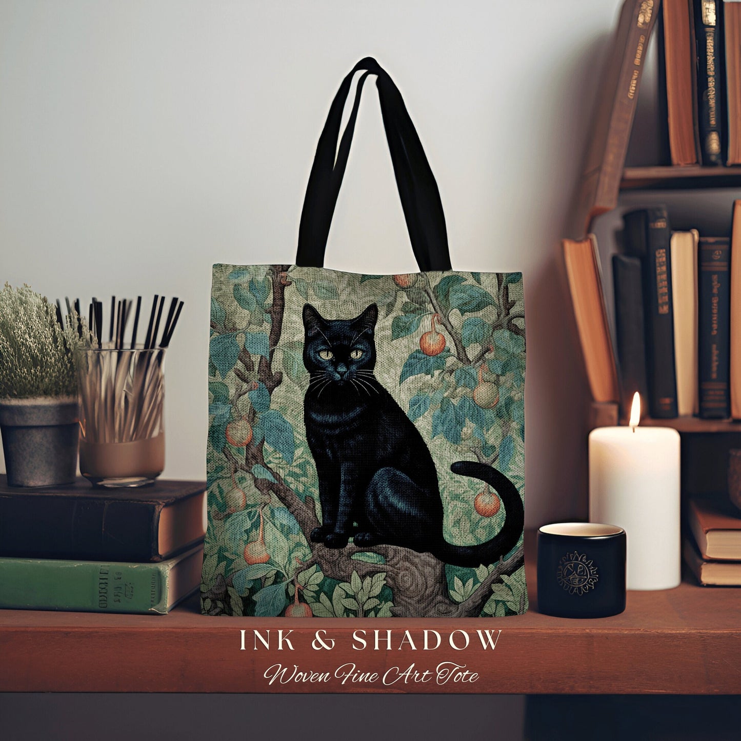 Black Cat Gothic Handbag Botanical | Dark Academia William Morris Inspired Tote Bag Aesthetic Cat Lover Tapestry Bag Woven Victorian Cat Bag