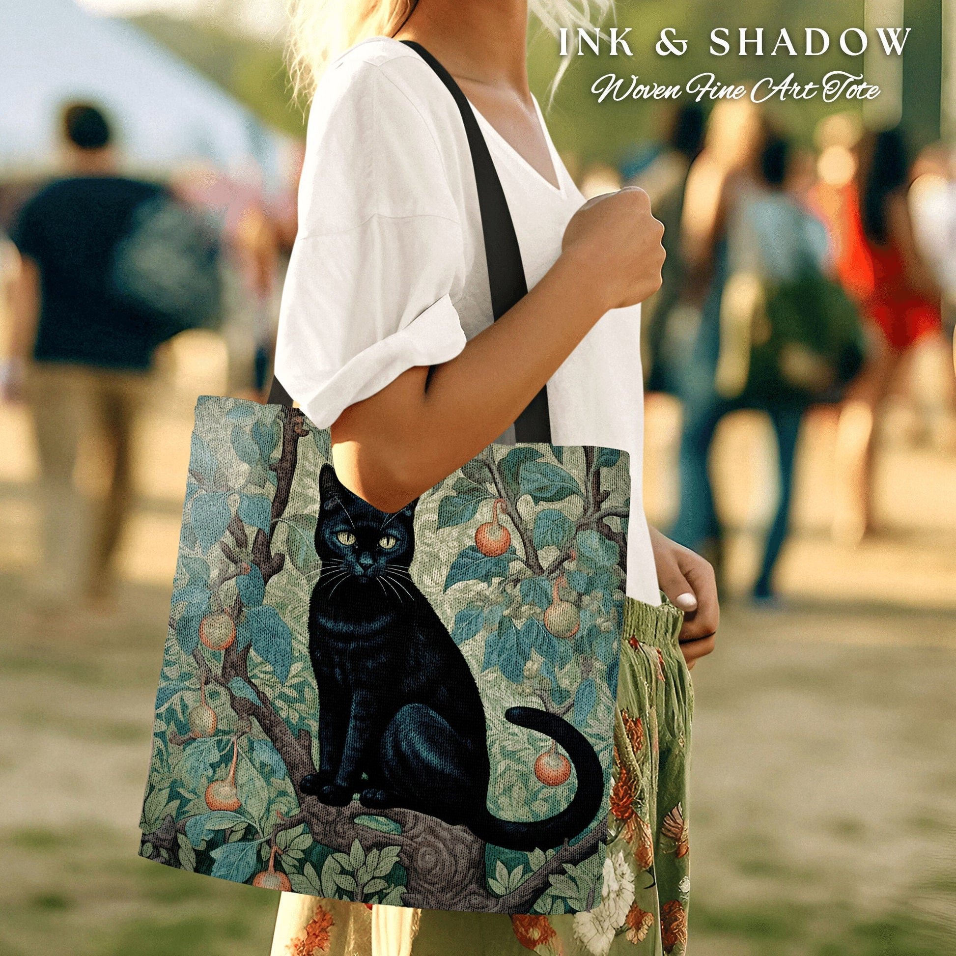 Dark Academia Black Cat Tote Bag Gothic Victorian Tapestry Bag | Dark Cottagecore Botanical Morris Style Tote Bag Aesthetic Cat Lover Gift