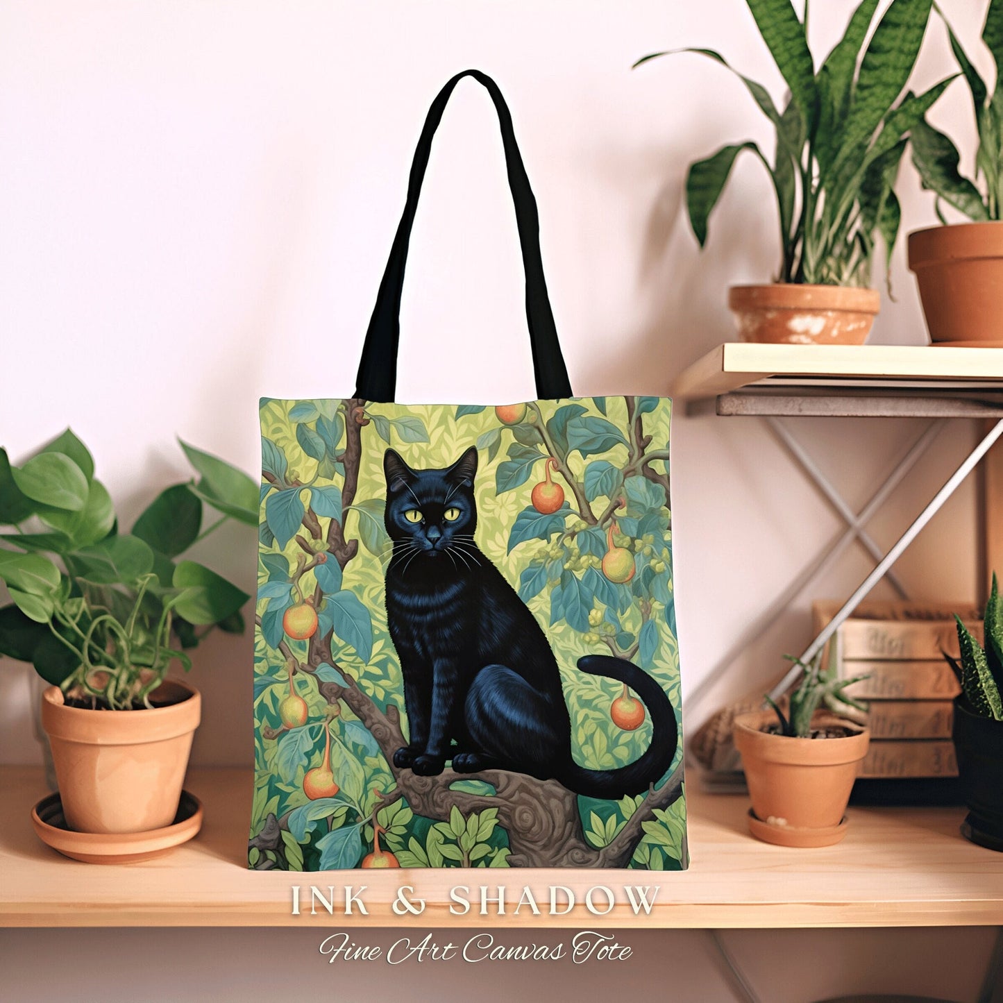 Dark Academia Black Cat Tote Bag Gothic Victorian Tapestry Bag | Dark Cottagecore Botanical Morris Style Tote Bag Aesthetic Cat Lover Gift