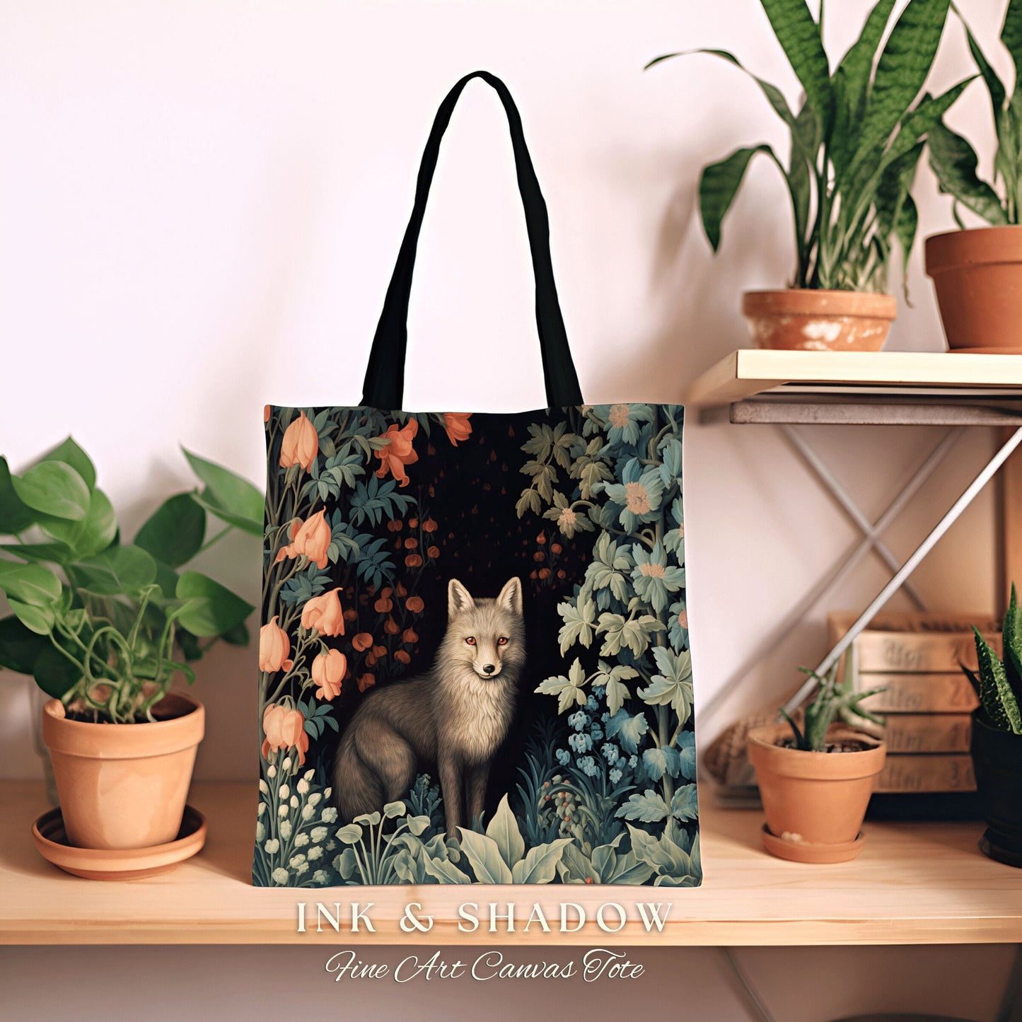 Whimsigoth Grey Fox Tapestry Tote Botanical Dark Floral Victorian Fox Fairycore Dark Academia Morris Art Tote Bag Aesthetic Medieval Bag