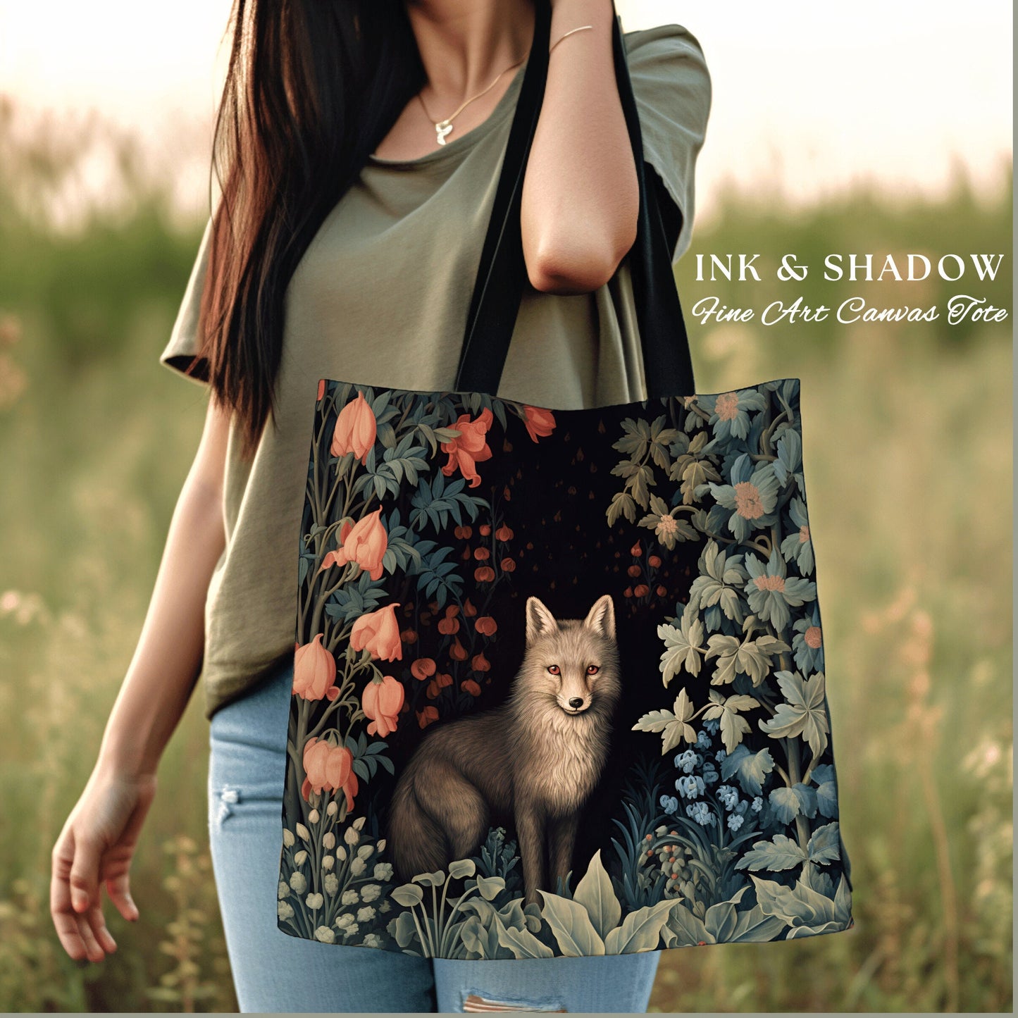 Whimsigoth Grey Fox Tapestry Tote Botanical Dark Floral Victorian Fox Fairycore Dark Academia Morris Art Tote Bag Aesthetic Medieval Bag