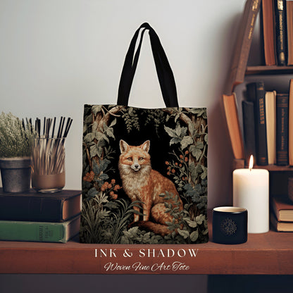 Fox Woodland Gothic Tote | Dark Academia William Morris Inspired Shoulderbag Aesthetic Medieval Woven Tapestry Bag Botanical Forest Spirit