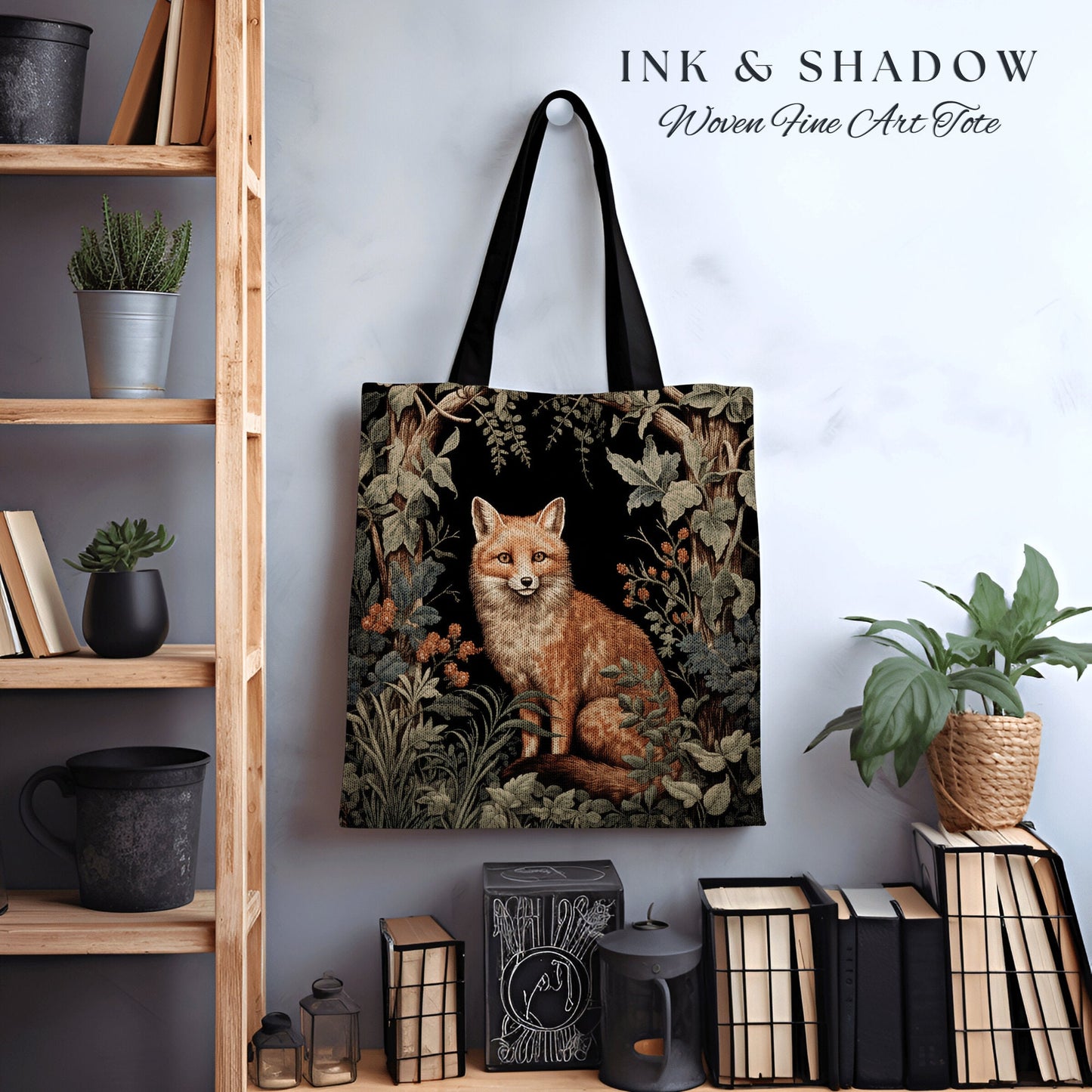 Fox Woodland Gothic Tote | Dark Academia William Morris Inspired Shoulderbag Aesthetic Medieval Woven Tapestry Bag Botanical Forest Spirit