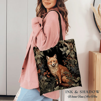 Fox Woodland Gothic Tote | Dark Academia William Morris Inspired Shoulderbag Aesthetic Medieval Woven Tapestry Bag Botanical Forest Spirit