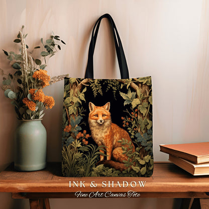 Fox Woodland Gothic Tote | Dark Academia William Morris Inspired Shoulderbag Aesthetic Medieval Woven Tapestry Bag Botanical Forest Spirit