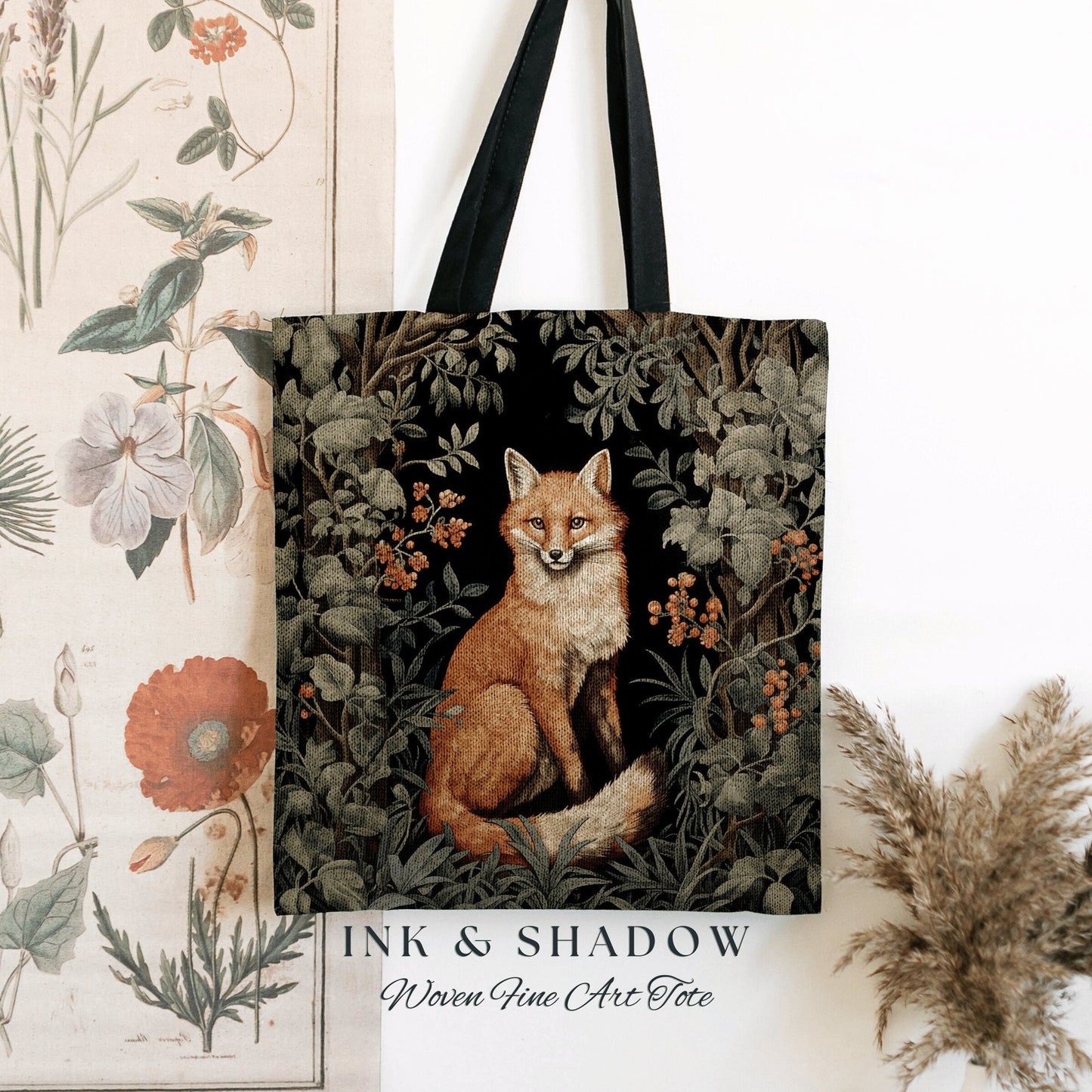 Dark Botanical Fox Tapestry Tote Woven | Dark Academia William Morris Inspired Tote Bag Aesthetic Medieval Woven Tapestry Bag Victorian Fox