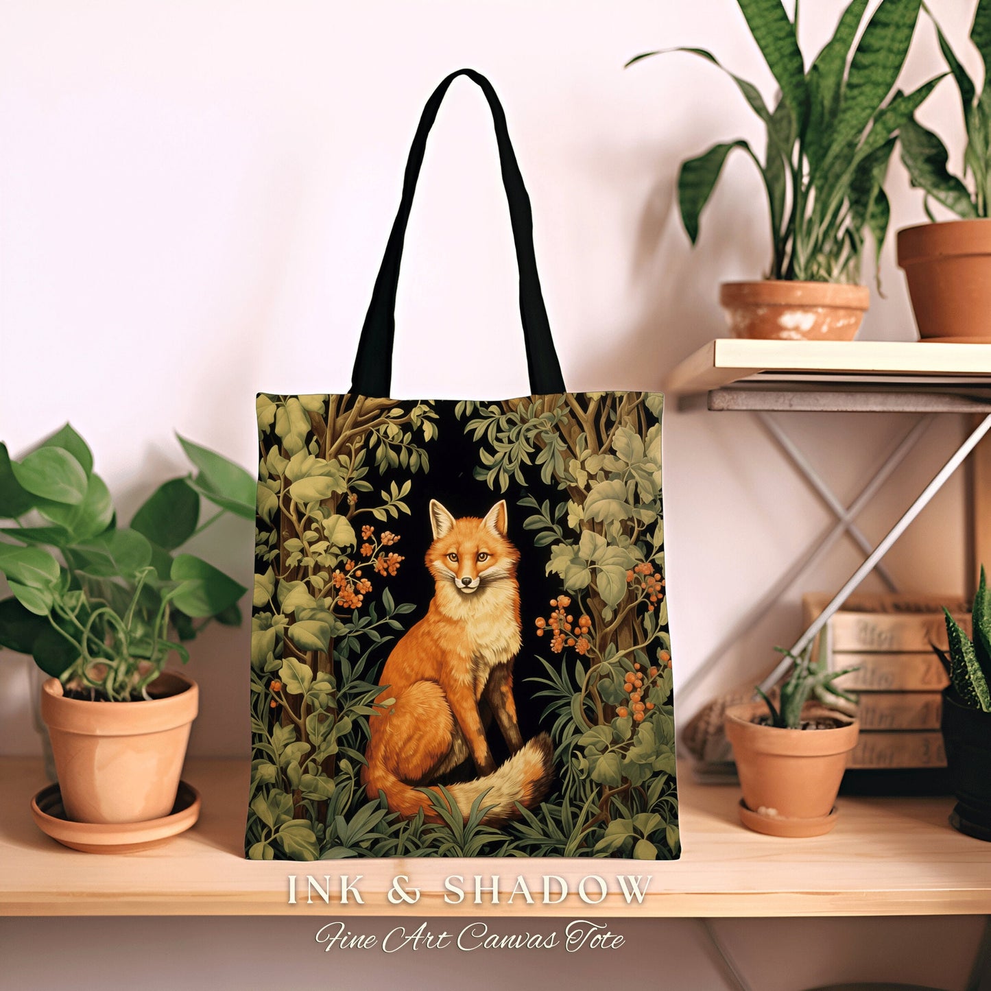 Dark Botanical Fox Tapestry Tote Woven | Dark Academia William Morris Inspired Tote Bag Aesthetic Medieval Woven Tapestry Bag Victorian Fox