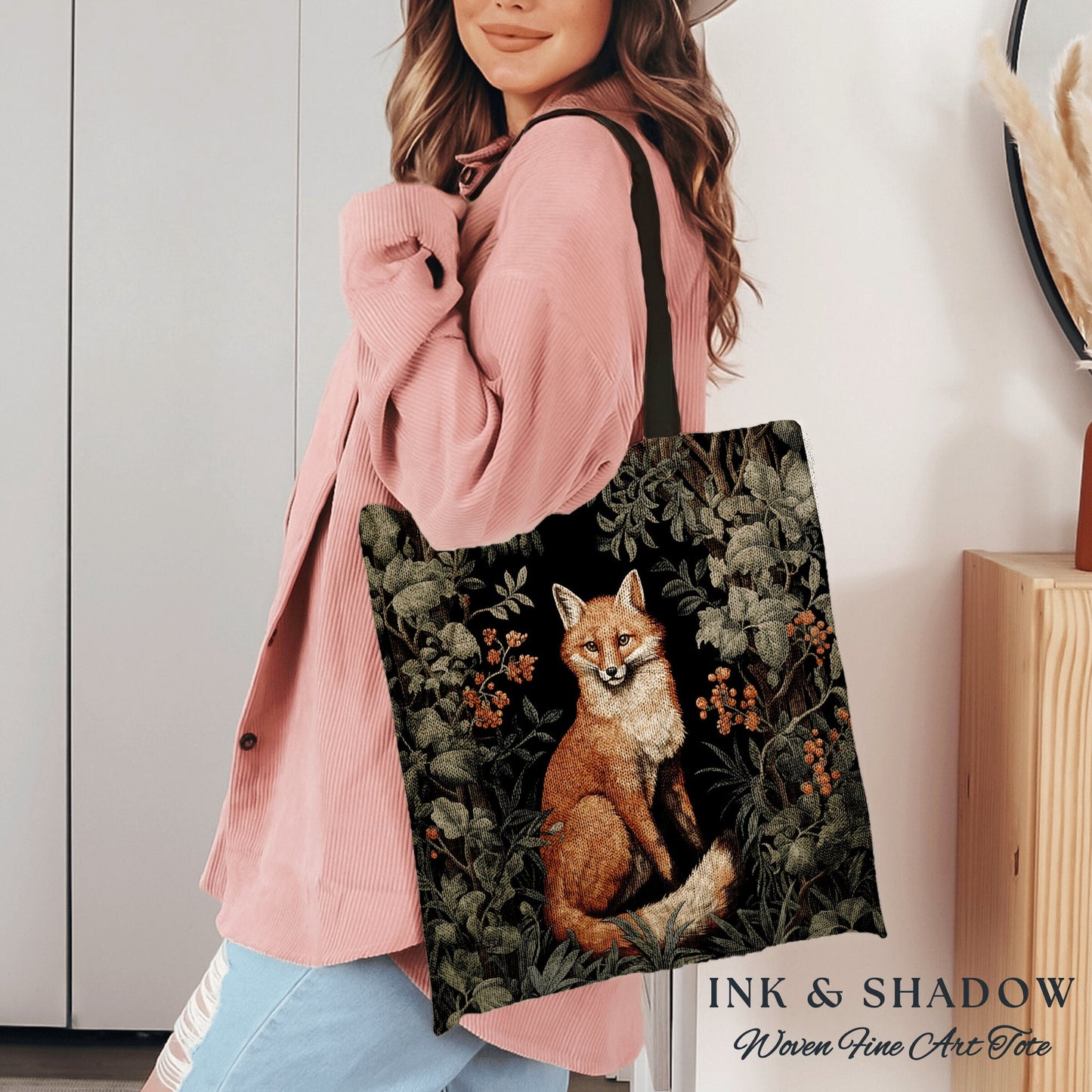 Dark Botanical Fox Tapestry Tote Woven | Dark Academia William Morris Inspired Tote Bag Aesthetic Medieval Woven Tapestry Bag Victorian Fox