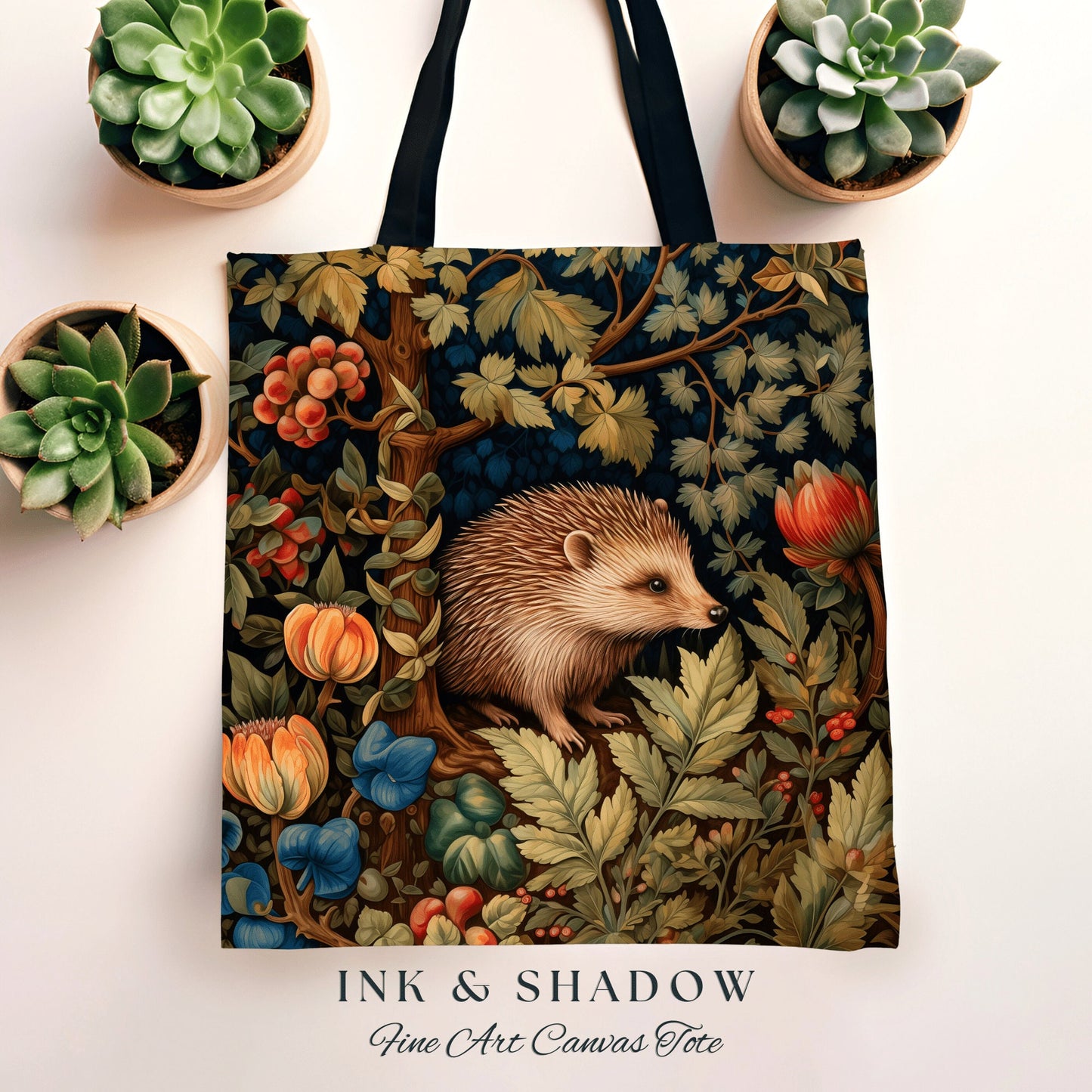 Hedge Hog Botanical Tote Bag | Forestcore Bag William Morris Inspired Tote Bag Aesthetic Mystical Tapestry Bag Woven Victorian Woodland Bag