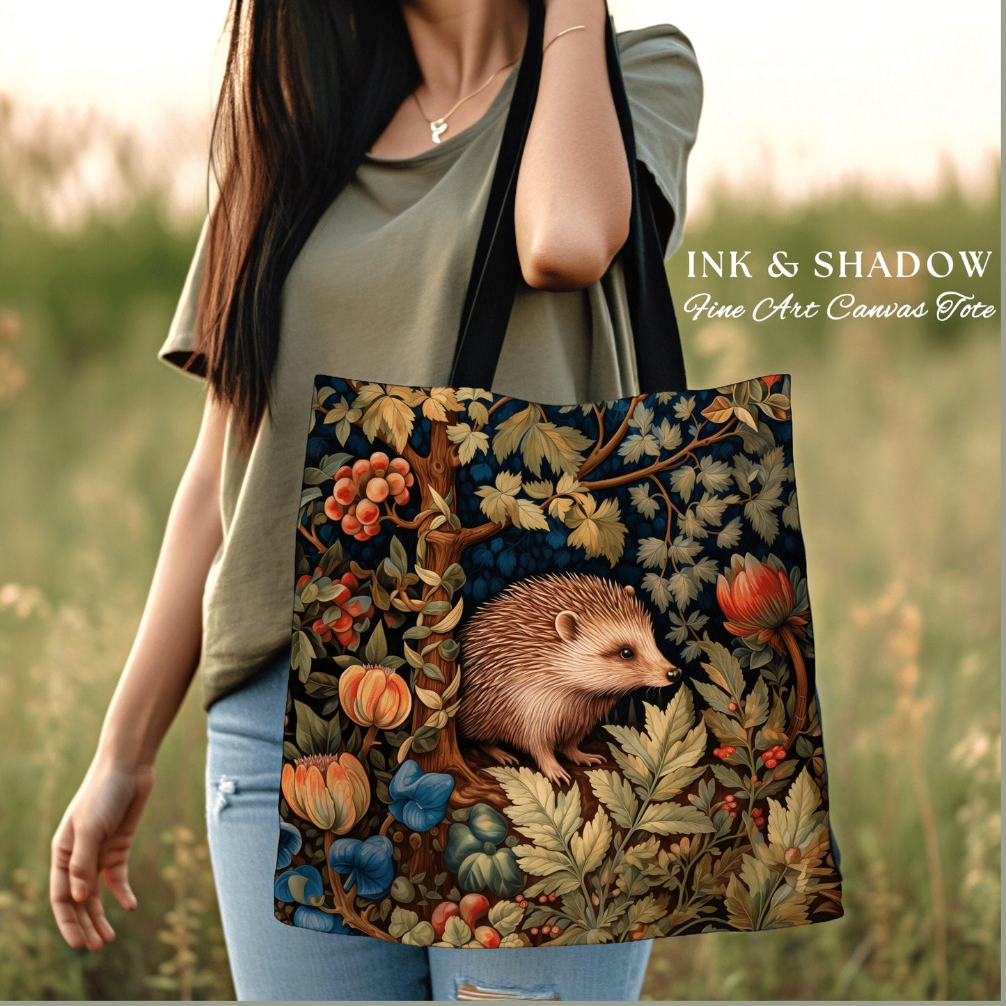 Hedge Hog Botanical Tote Bag | Forestcore Bag William Morris Inspired Tote Bag Aesthetic Mystical Tapestry Bag Woven Victorian Woodland Bag