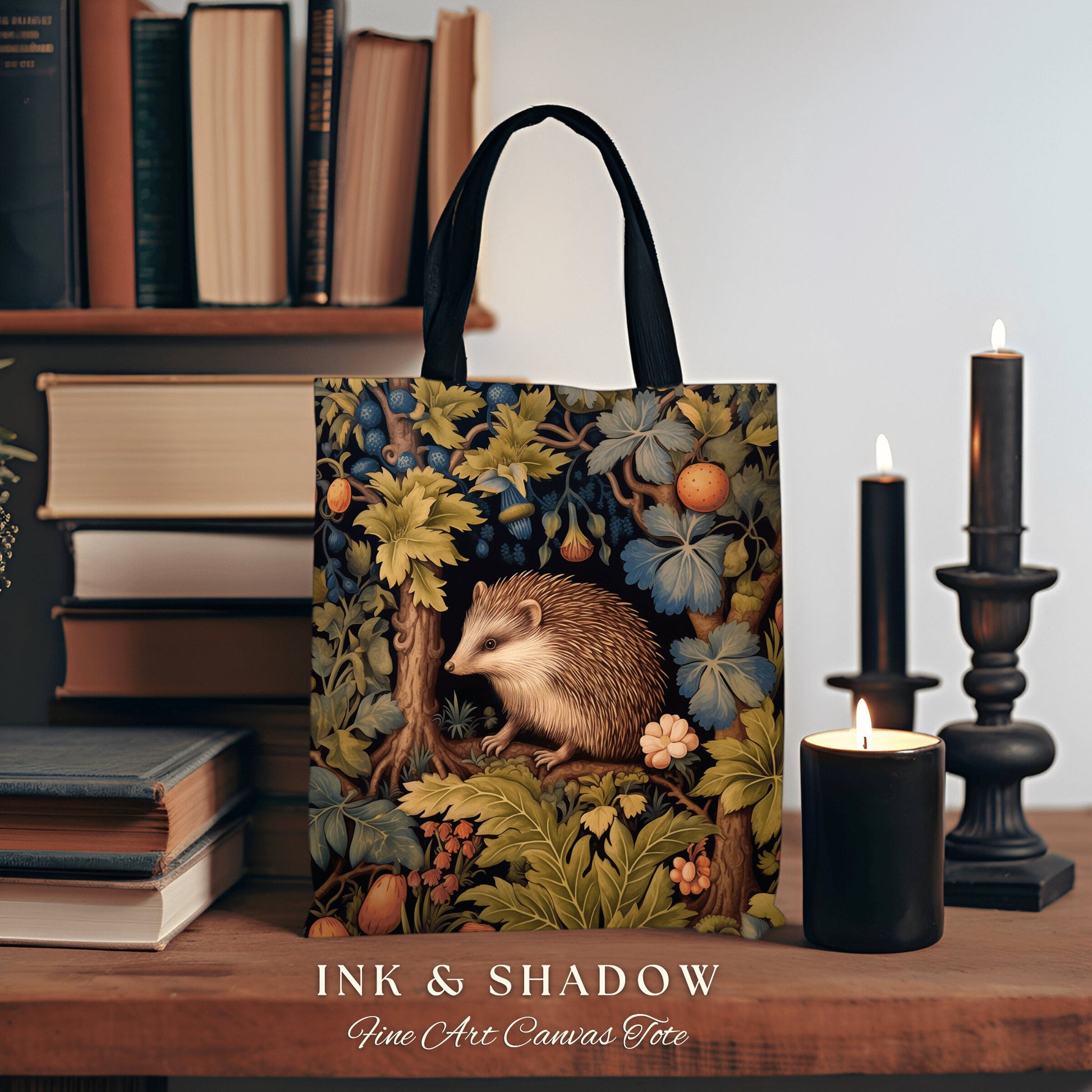 Woodland Hedgehog Tapestry Tote | Forestcore Bag William Morris Inspired Tote Bag Aesthetic Mystical Tapestry Bag Woven Victorian Gothic Bag