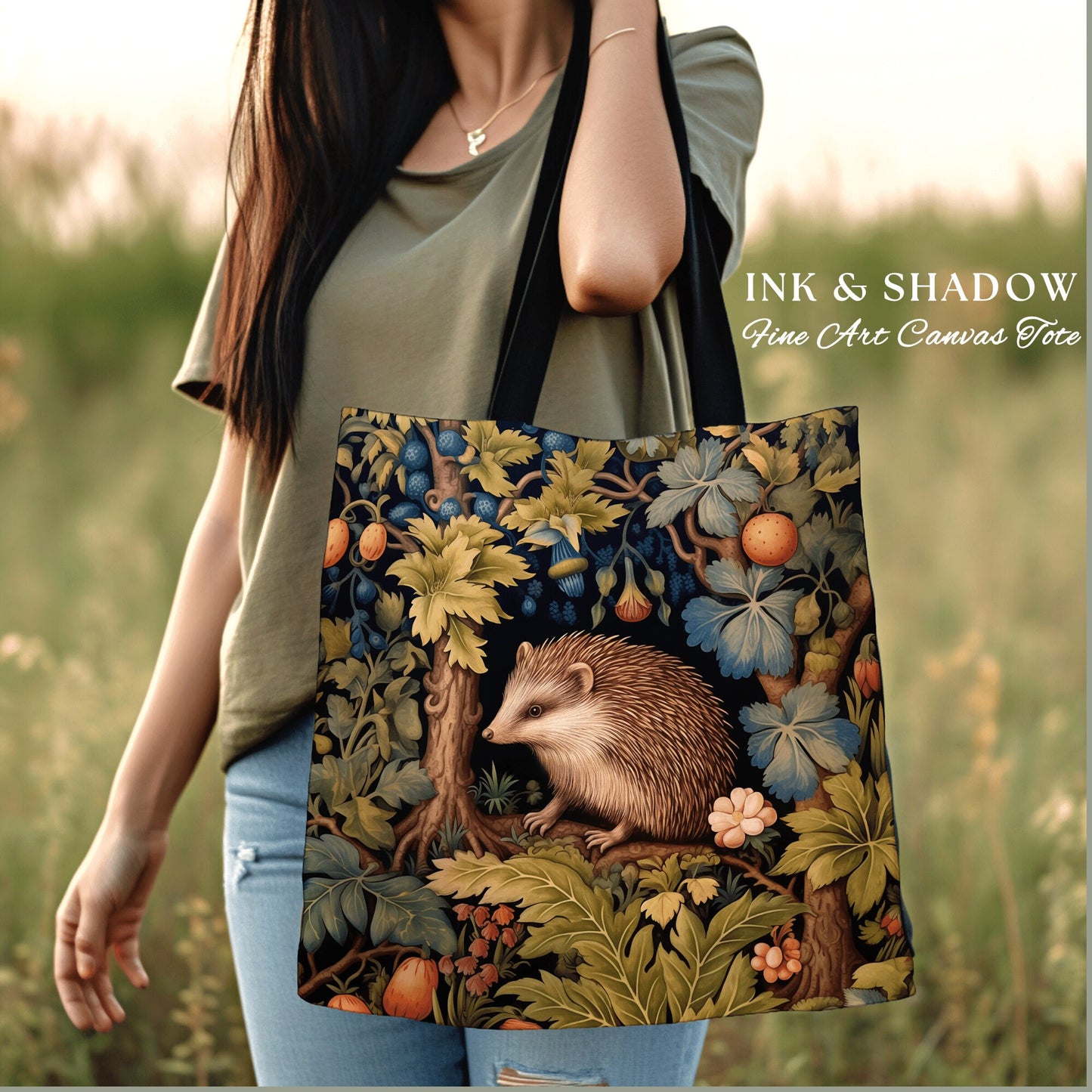 Woodland Hedgehog Tapestry Tote | Forestcore Bag William Morris Inspired Tote Bag Aesthetic Mystical Tapestry Bag Woven Victorian Gothic Bag