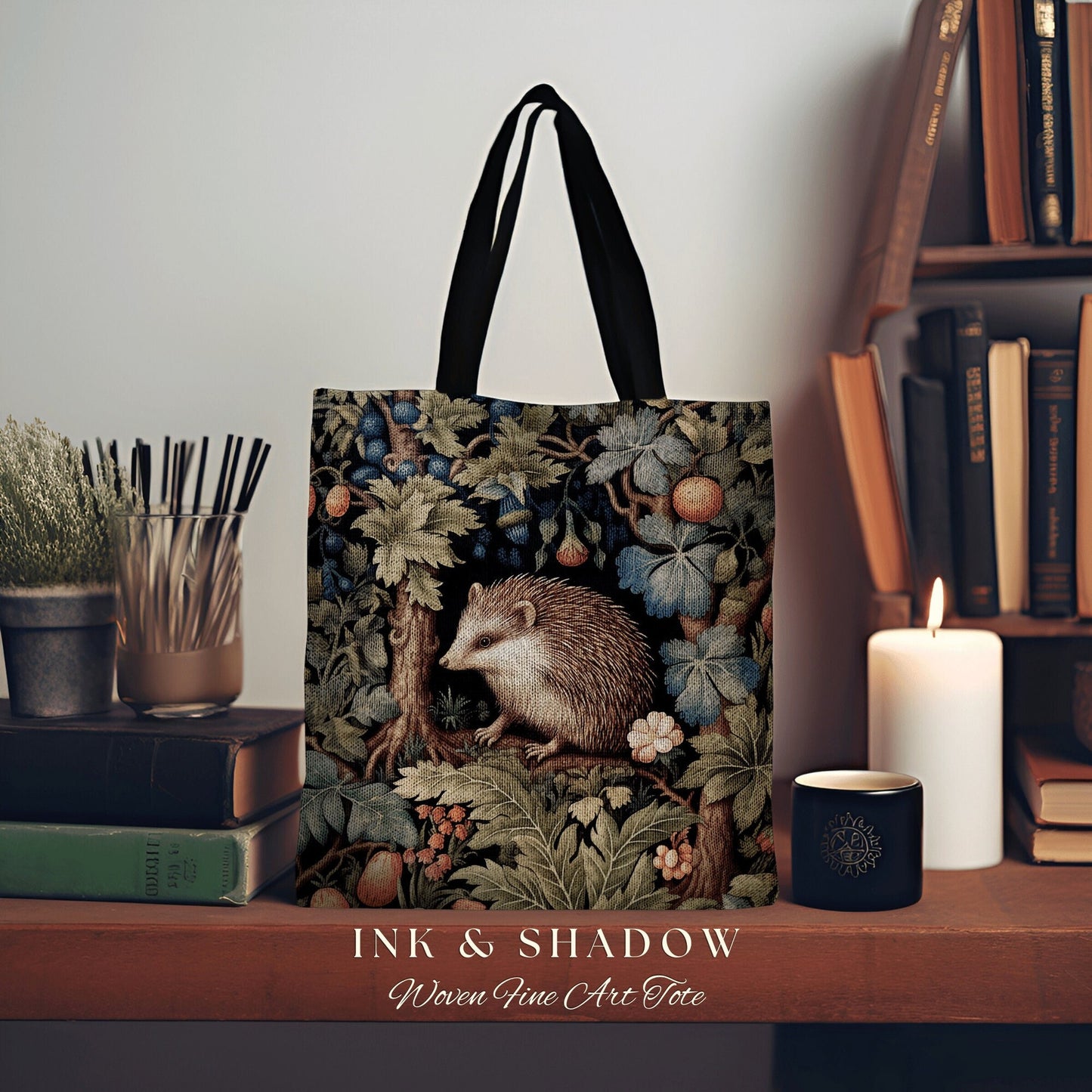 Woodland Hedgehog Tapestry Tote | Forestcore Bag William Morris Inspired Tote Bag Aesthetic Mystical Tapestry Bag Woven Victorian Gothic Bag