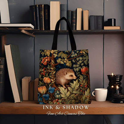 Hedge Hog Botanical Tote Bag | Forestcore Bag William Morris Inspired Tote Bag Aesthetic Mystical Tapestry Bag Woven Victorian Woodland Bag