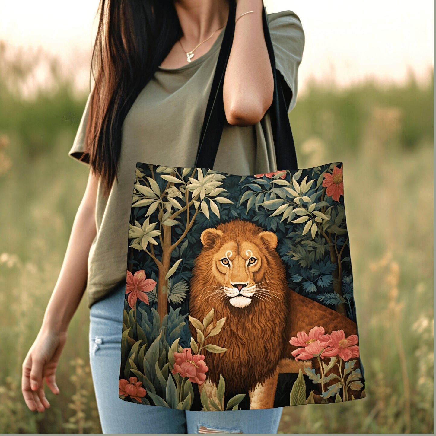 Floral Jungle Animal Tote | Lion Bag William Morris Inspired Tote Bag Aesthetic Mystical Tapestry Tote Woven Victorian Fairycore Botanical |