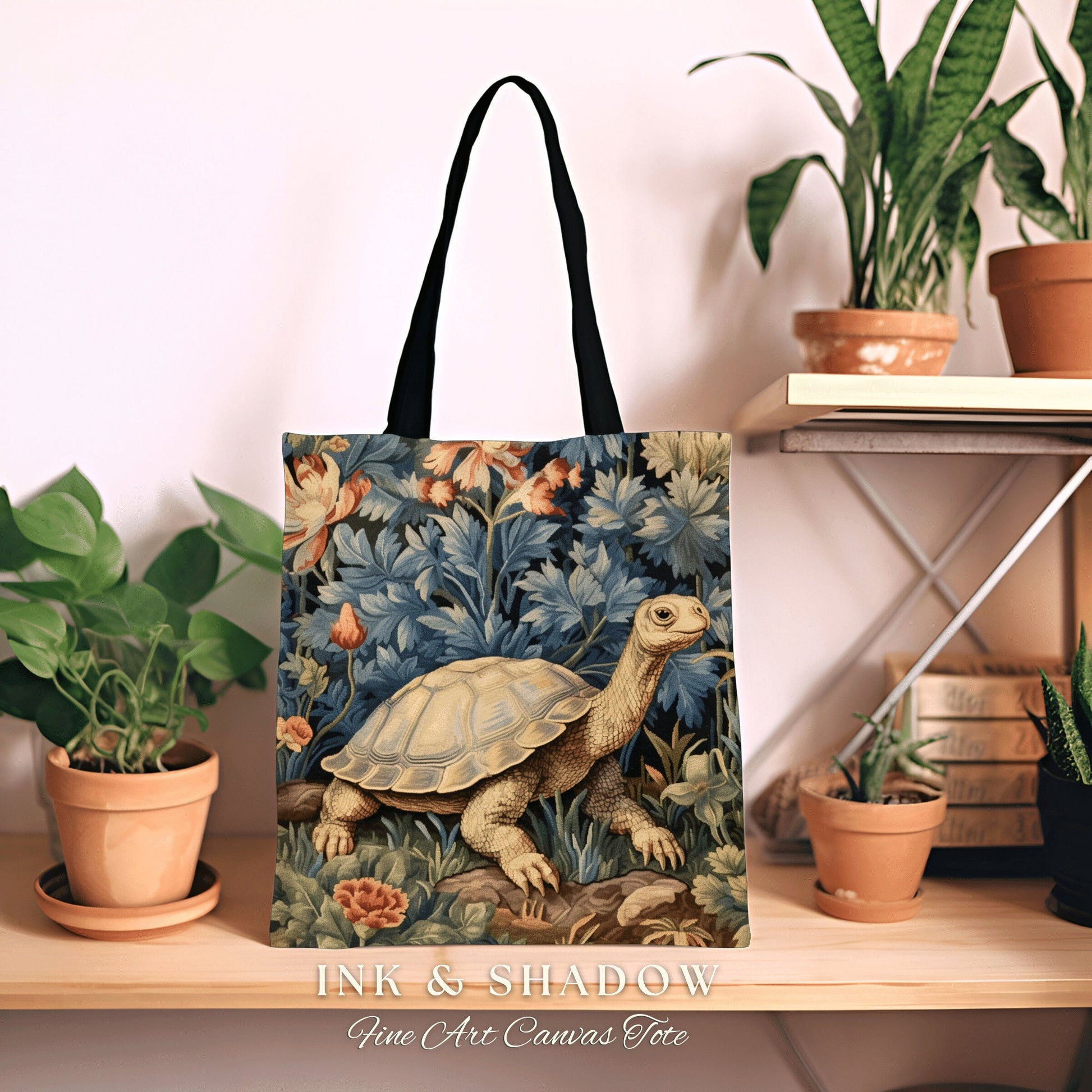 Moody Botanical Woven Tortoise Tote Bag Vintage Aesthetic Botanical William Morris Inspired Turtle Cottagecore Tapestry Tote Gobincore Bag