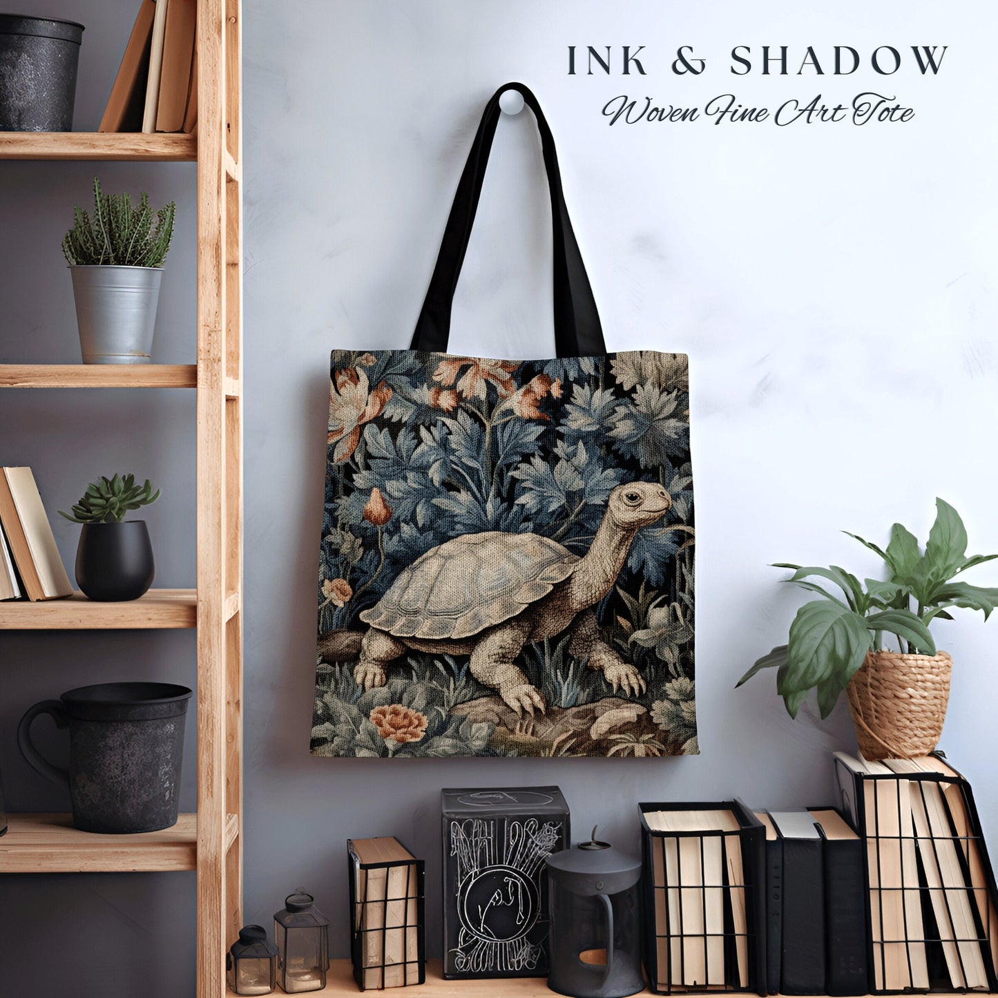 Moody Botanical Woven Tortoise Tote Bag Vintage Aesthetic Botanical William Morris Inspired Turtle Cottagecore Tapestry Tote Gobincore Bag