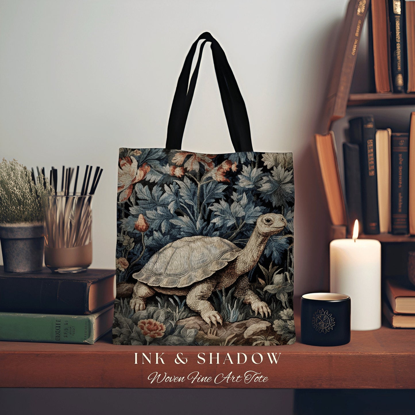Moody Botanical Woven Tortoise Tote Bag Vintage Aesthetic Botanical William Morris Inspired Turtle Cottagecore Tapestry Tote Gobincore Bag