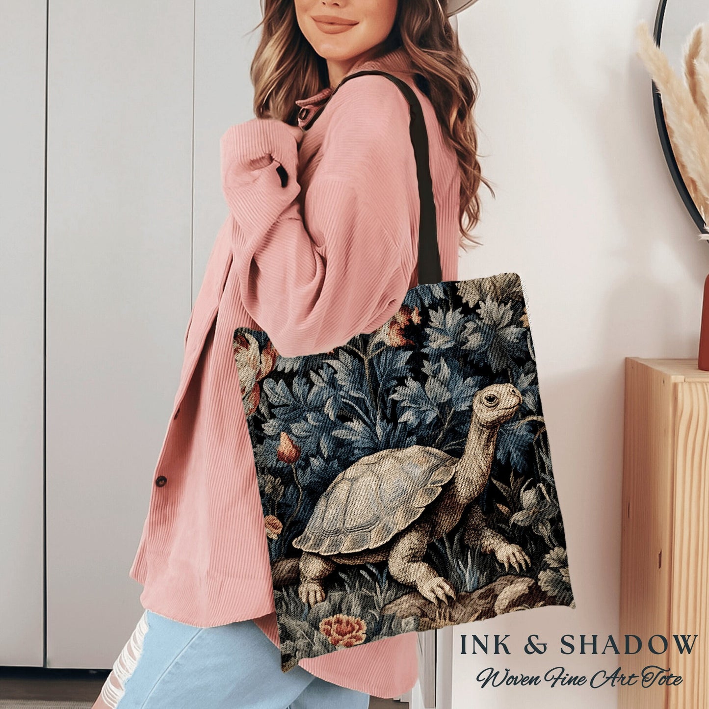Moody Botanical Woven Tortoise Tote Bag Vintage Aesthetic Botanical William Morris Inspired Turtle Cottagecore Tapestry Tote Gobincore Bag