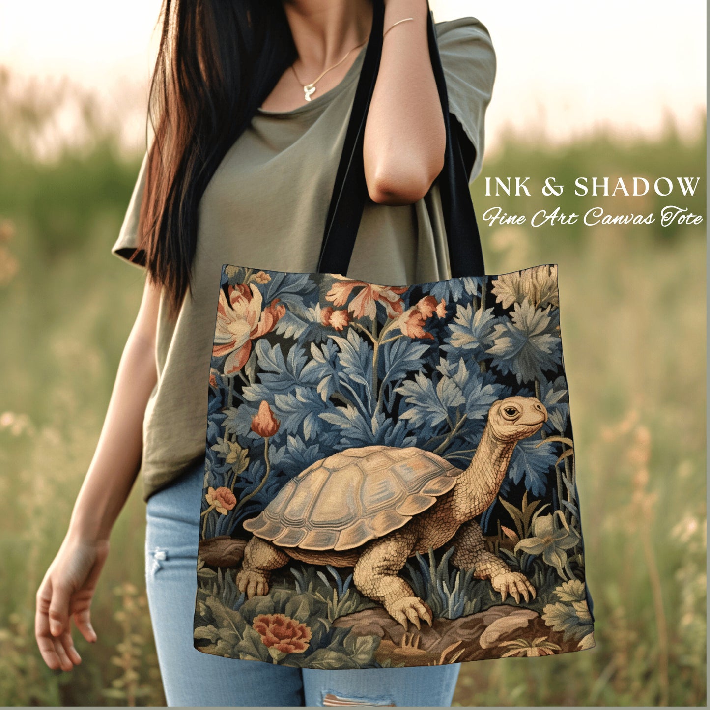 Moody Botanical Woven Tortoise Tote Bag Vintage Aesthetic Botanical William Morris Inspired Turtle Cottagecore Tapestry Tote Gobincore Bag