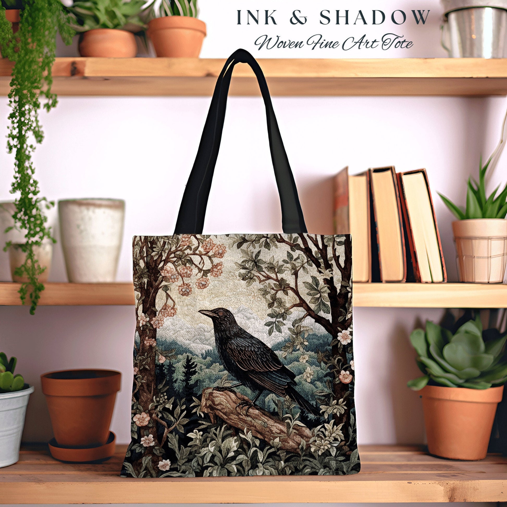 Boho Crow Tote Bag Whimsical | Gothic Tote William Morris Inspired Raven Tote Bag Crow Core Satchel Maximalist Tapestry Bag Dark Woodland |