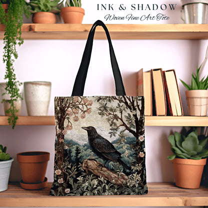 Boho Crow Tote Bag Whimsical | Gothic Tote William Morris Inspired Raven Tote Bag Crow Core Satchel Maximalist Tapestry Bag Dark Woodland |