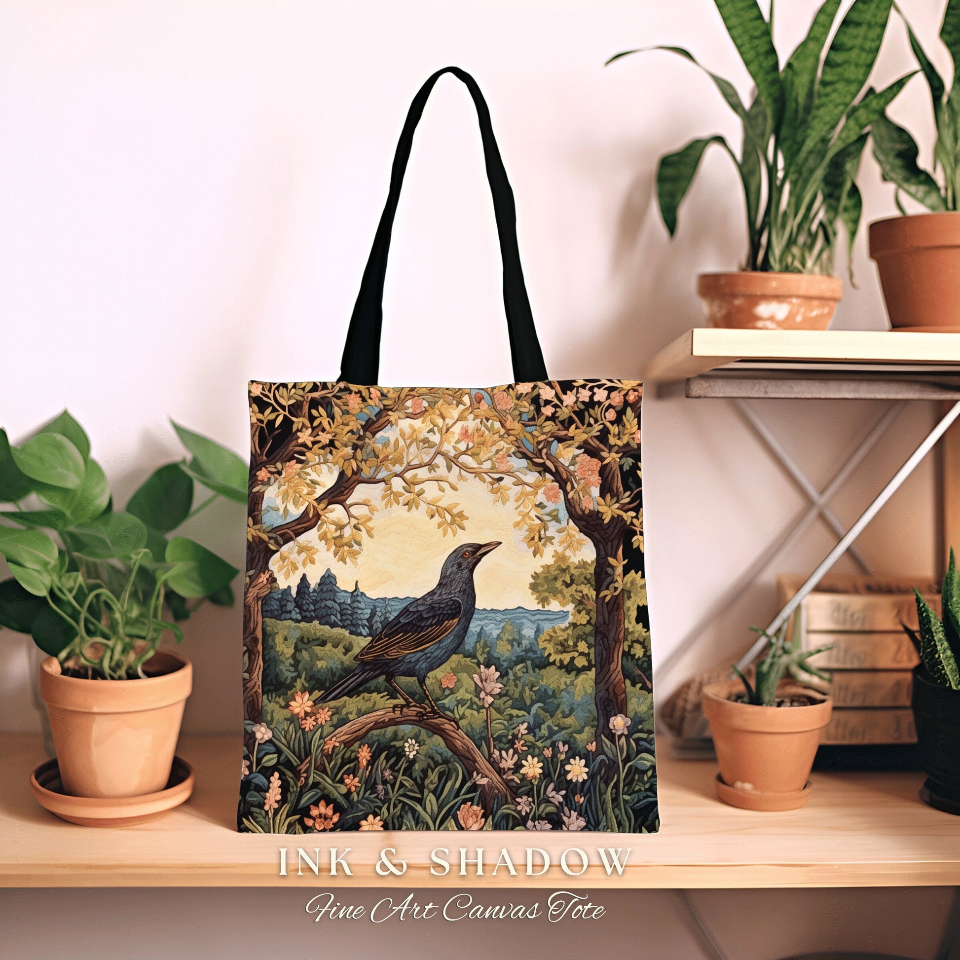 Woven Tapestry Tote Crowcore Bag | Gothic Tote William Morris Inspired Raven Tote Bag Crow Core Satchel Maximalist Tapestry Tote Bag Gothic