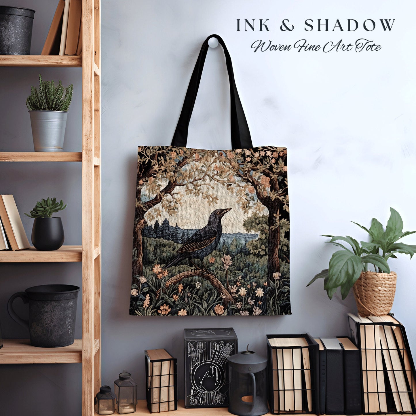 Woven Tapestry Tote Crowcore Bag | Gothic Tote William Morris Inspired Raven Tote Bag Crow Core Satchel Maximalist Tapestry Tote Bag Gothic