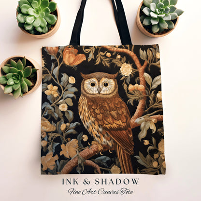 Bookish Owl Tote Bag | Whimsical William Morris Inspired Shoulderbag Aesthetic Gothic Tapestry Tote Woven Victorian Fairy Core Owl Gift |