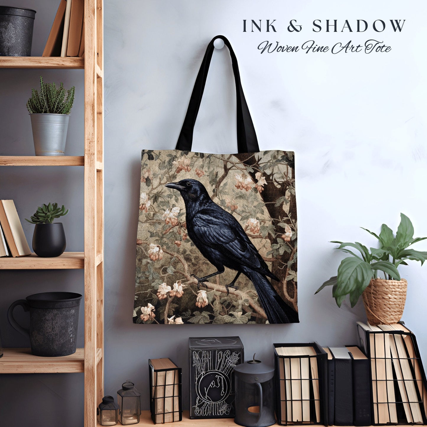 Mystic Raven Tote Bag Botanical | Gothic Tote William Morris Inspired Raven Tote Bag Crow Core Satchel Maximalist Tapestry Bag Fairycore |