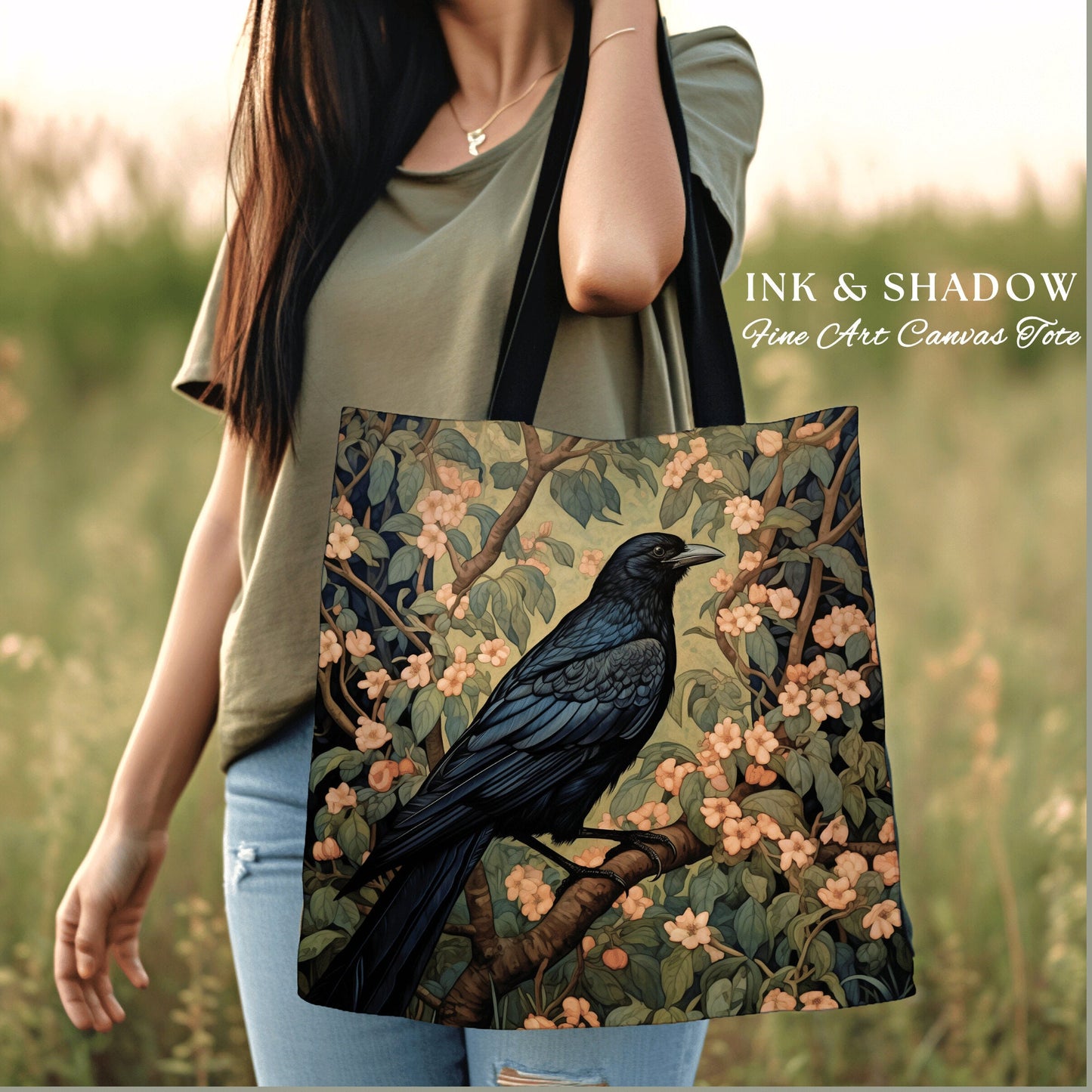 Gothic Crow Tapestry Botanical Tote Bag William Morris Inspired Raven Goth Tote Bag Crowcore Satchel Maximalist Tapestry Bag Fairycore Gift