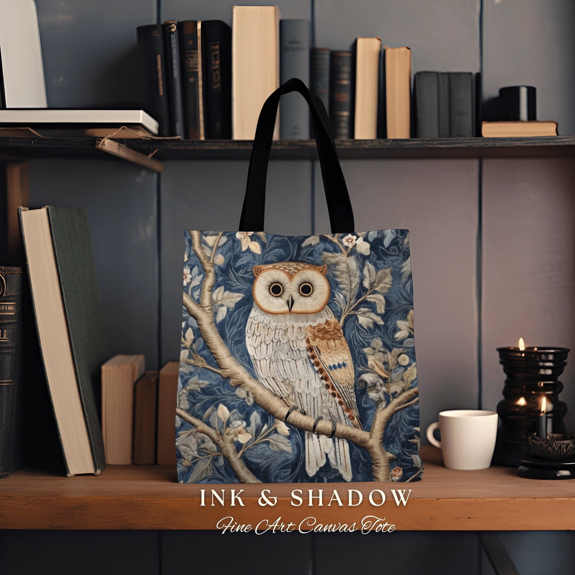 Dusty Blue Owl Woven Tote Bag | Whimsical William Morris Inspired Tote Bag Aesthetic Botanical Tapestry Tote Woven Victorian Fairy Core Owl