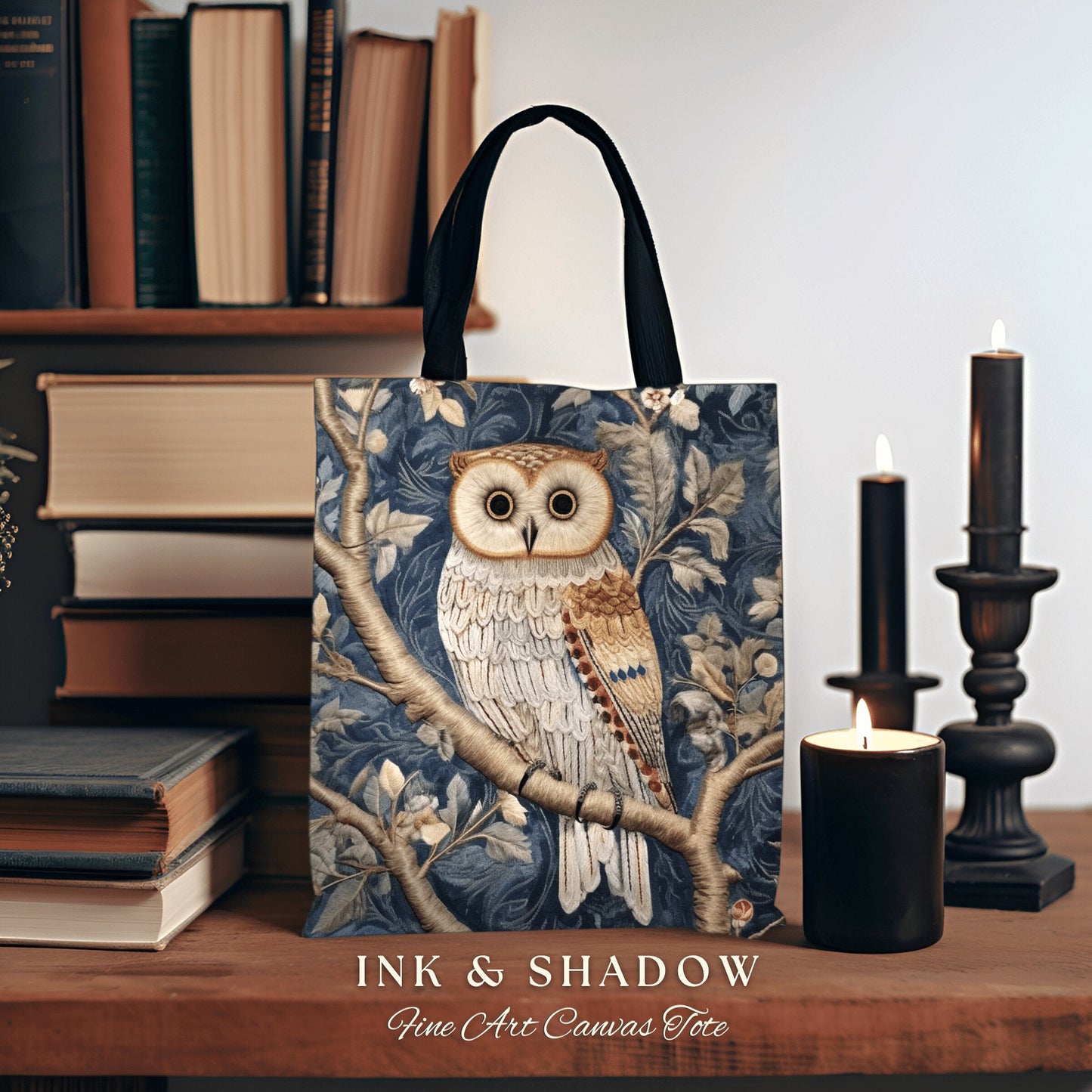 Dusty Blue Owl Woven Tote Bag | Whimsical William Morris Inspired Tote Bag Aesthetic Botanical Tapestry Tote Woven Victorian Fairy Core Owl