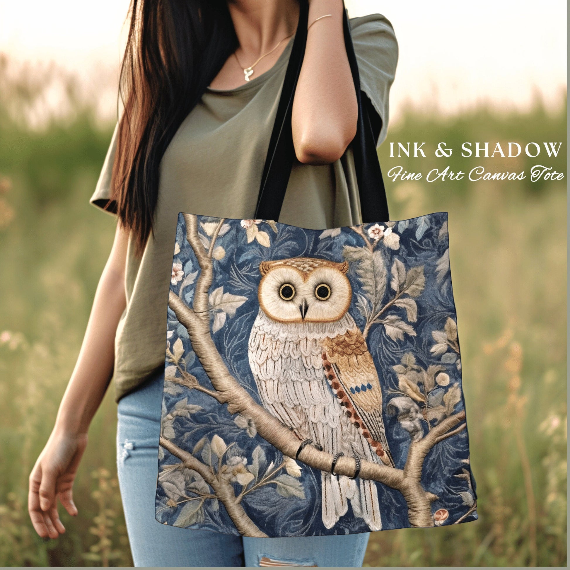 Dusty Blue Owl Woven Tote Bag | Whimsical William Morris Inspired Tote Bag Aesthetic Botanical Tapestry Tote Woven Victorian Fairy Core Owl