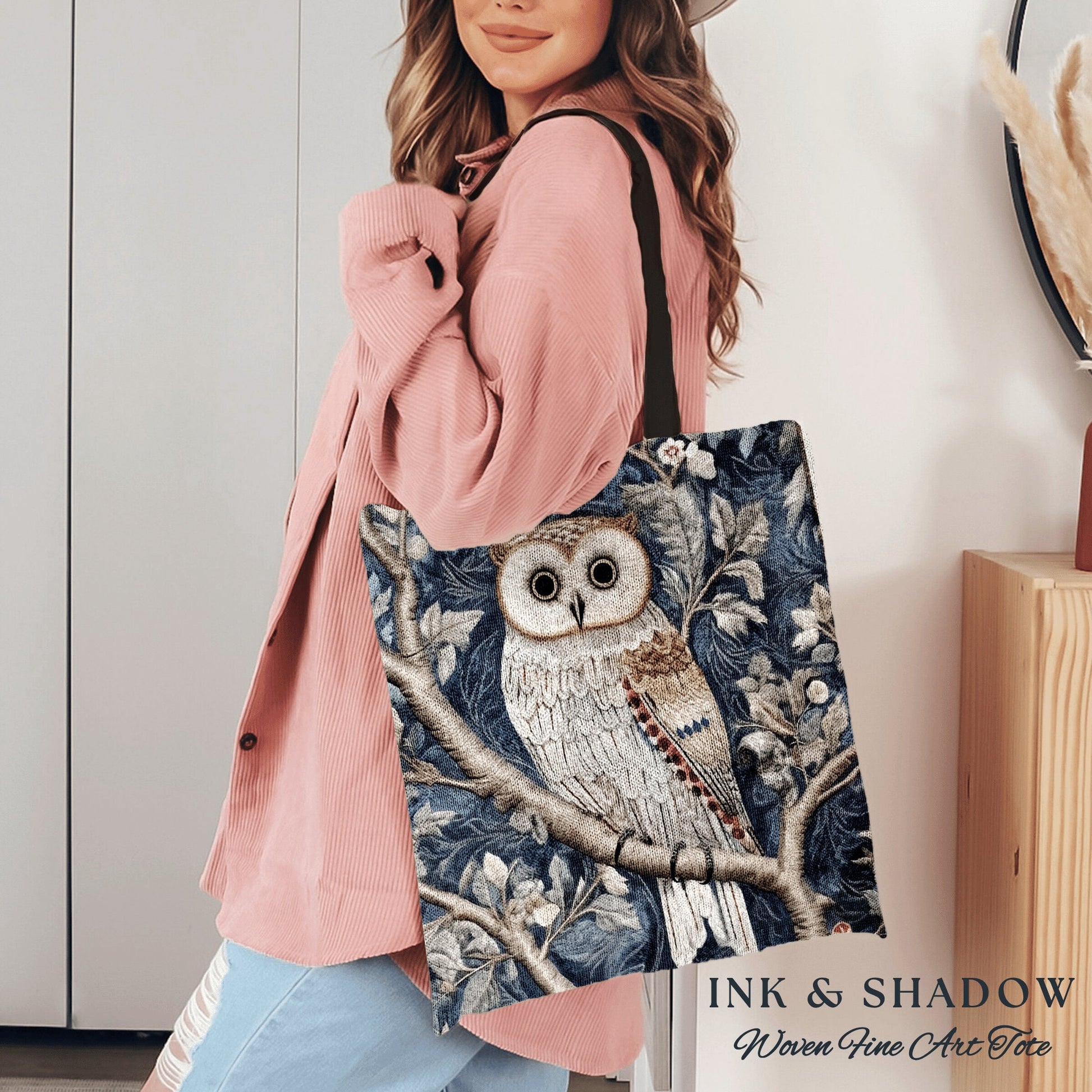 Dusty Blue Owl Woven Tote Bag | Whimsical William Morris Inspired Tote Bag Aesthetic Botanical Tapestry Tote Woven Victorian Fairy Core Owl